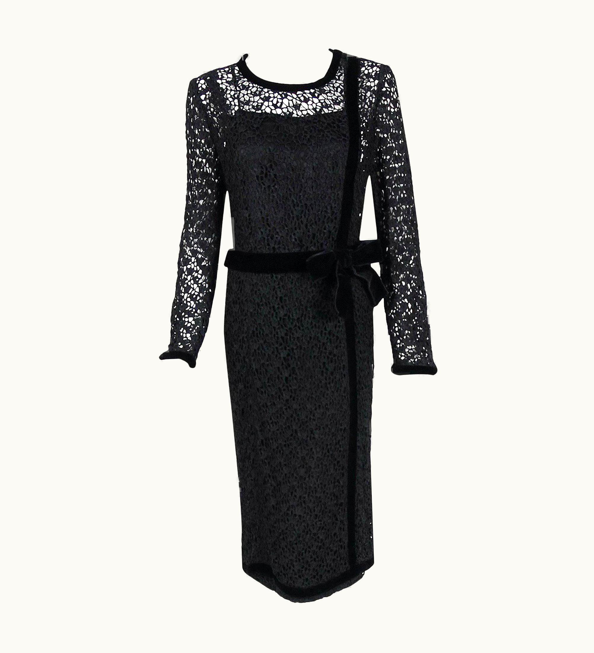Chanel Vintage 1973 Chanel Haute Couture Guipure Knit Lace & Silk Velvet Black Dress