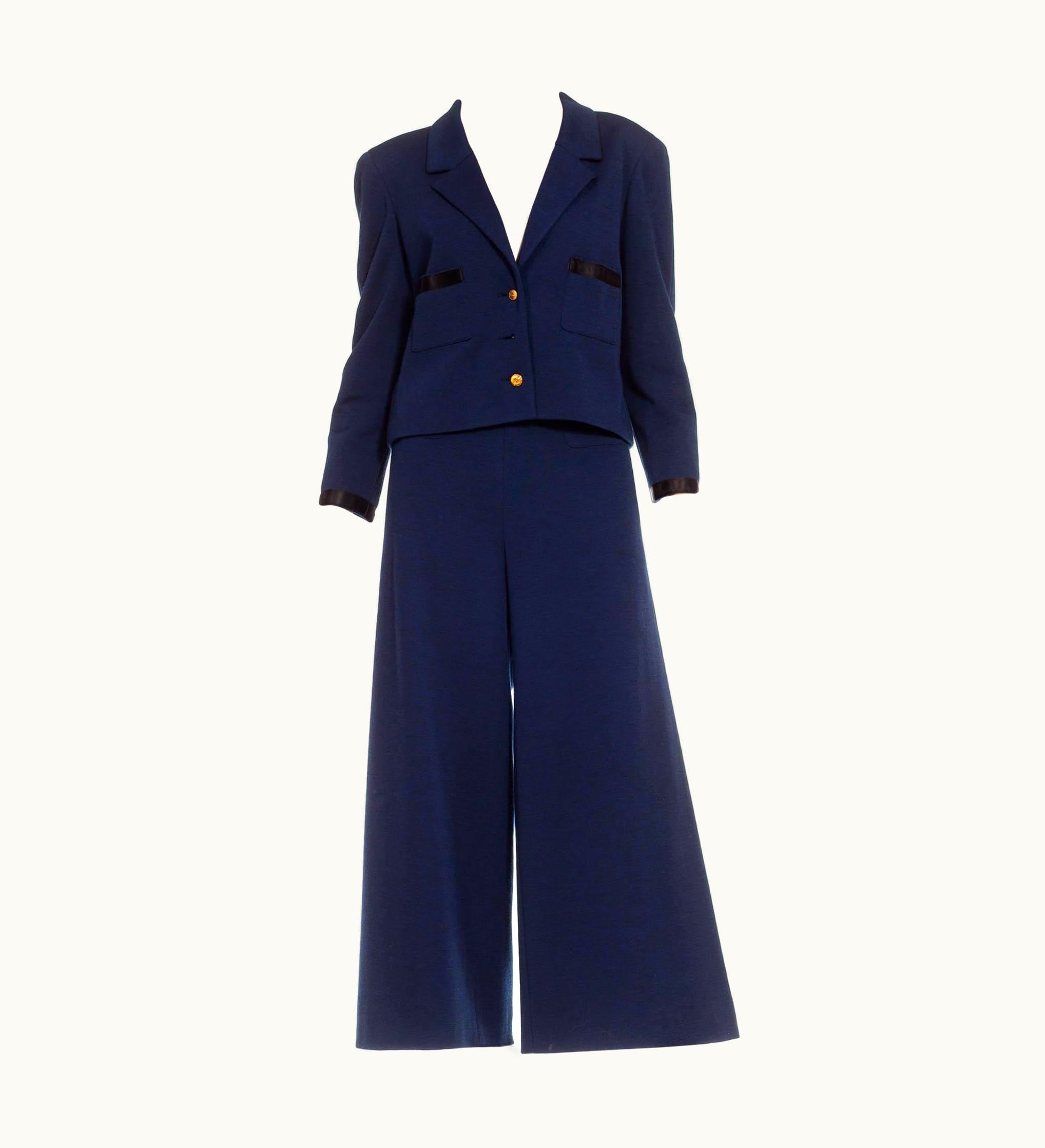 Chanel 1970s Chanel Navy Blue Wool Blend Jersey Pant Suit With Black Satin Trim & Gold