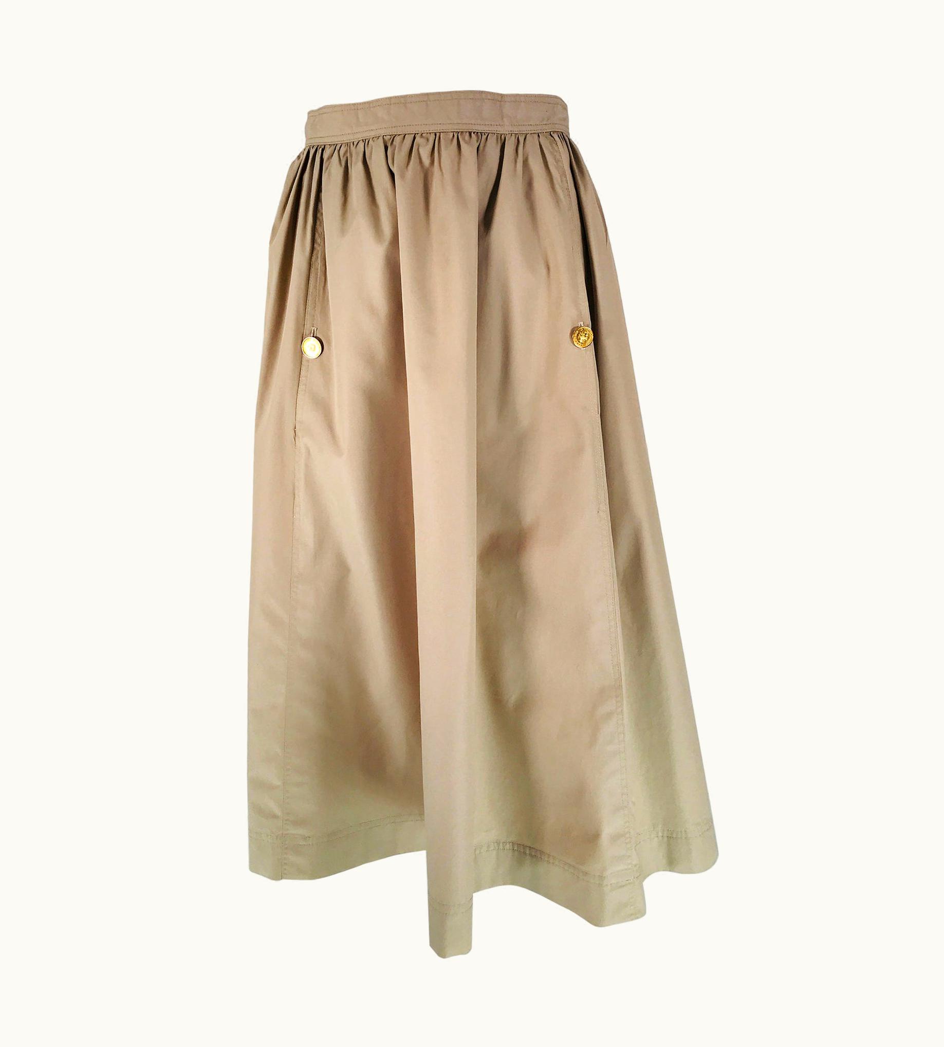 Chanel Vintage Chanel Tan Poplin Gathered Skirt With Button Pockets