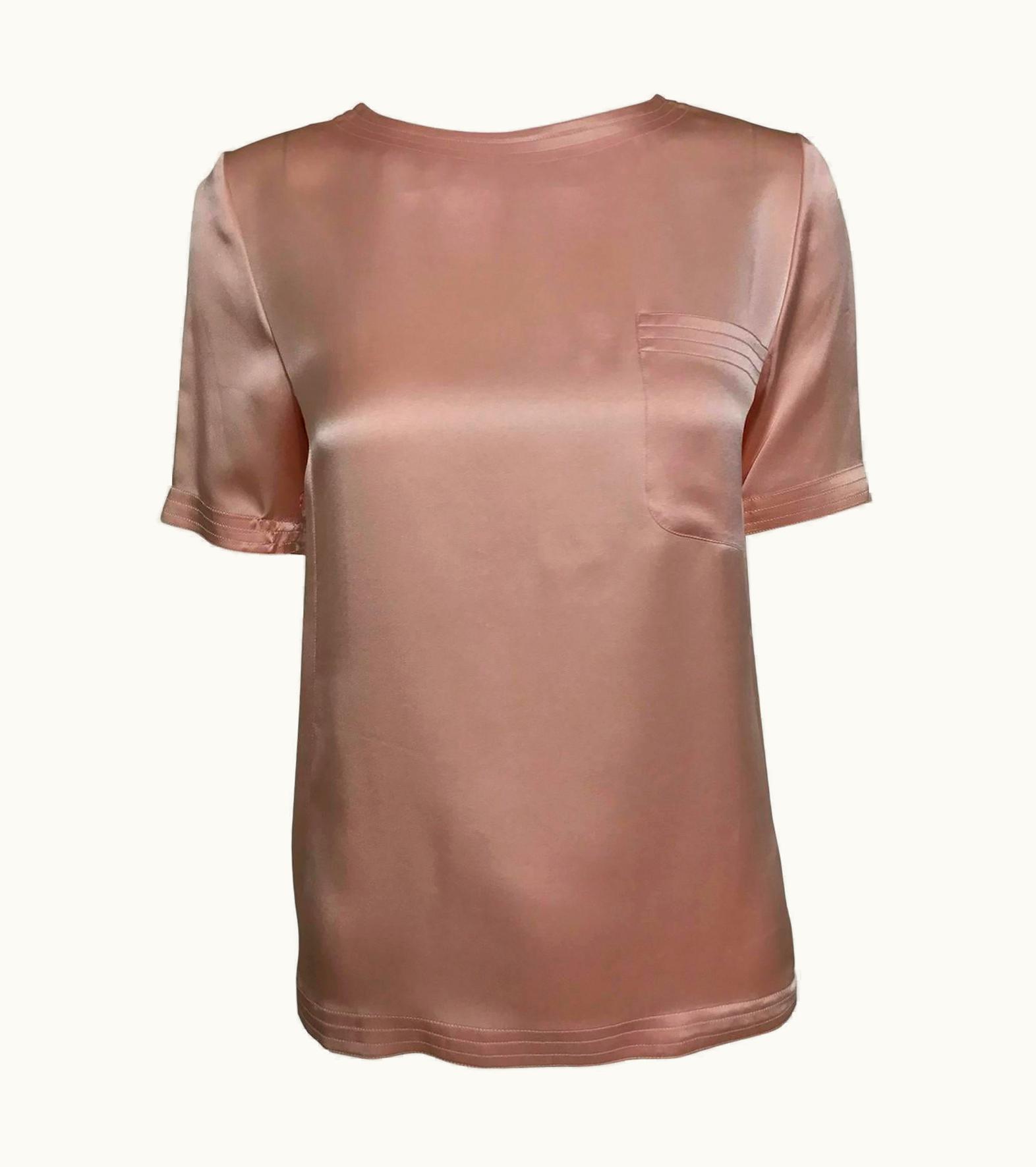 Chanel Vintage Chanel Classic Pale Pink Silk Satin Short Sleeve Blouse 1970s