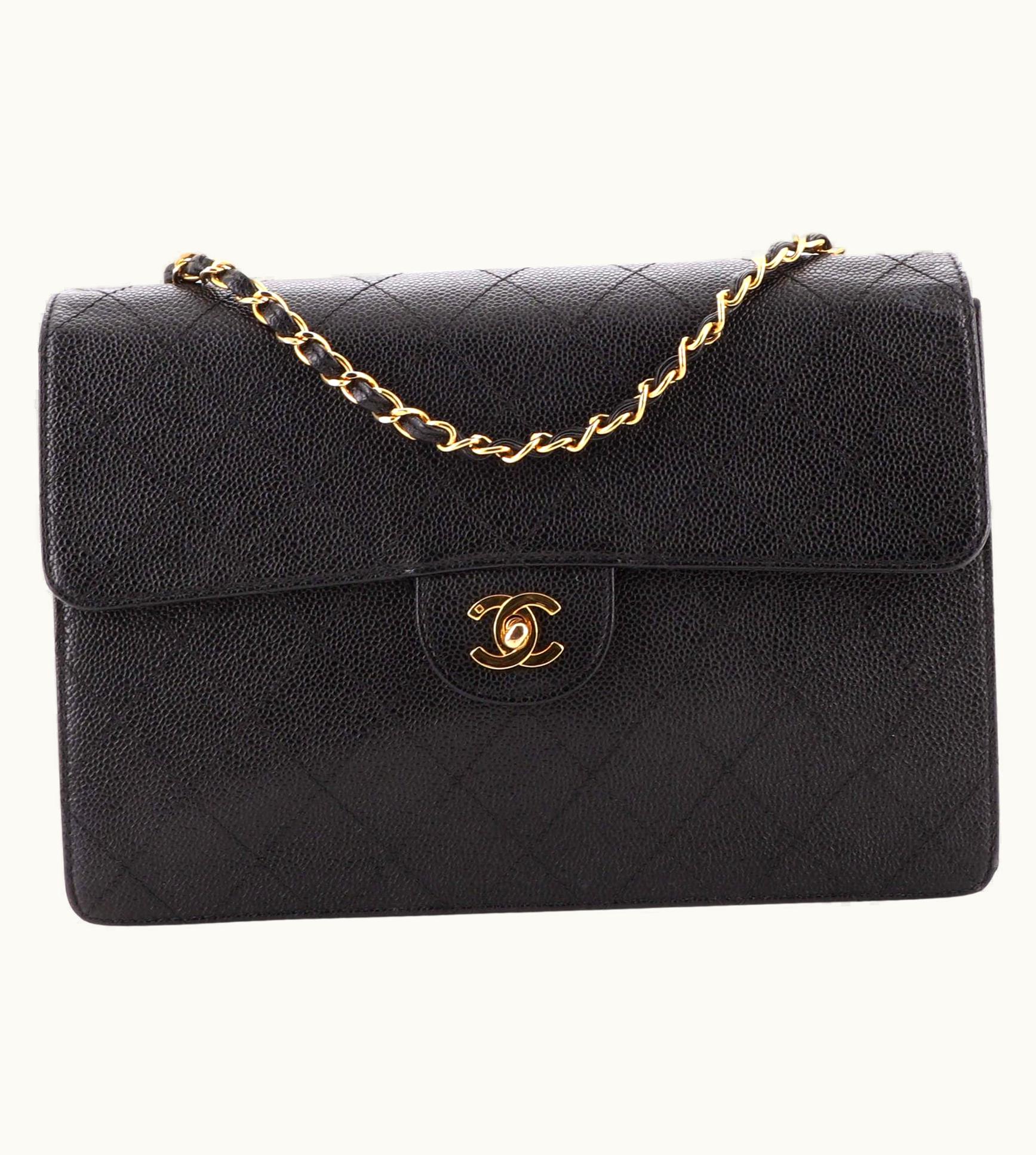 Chanel Vintage Classic Single Flap Bag Stitched Caviar Jumbo