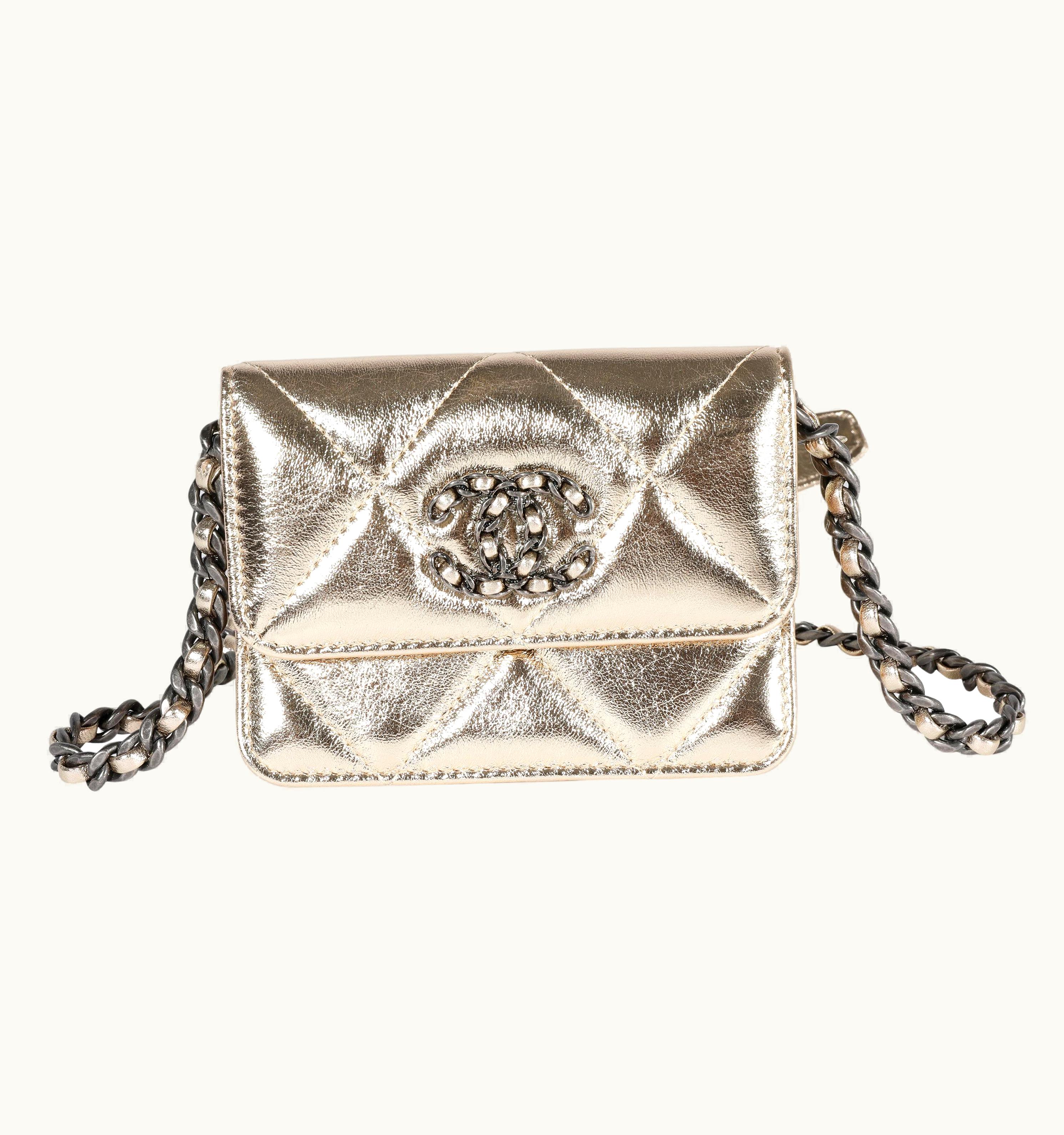 Chanel Chanel Gold Quilted Lambskin Chanel 19 Flap Coin Purse With Chain