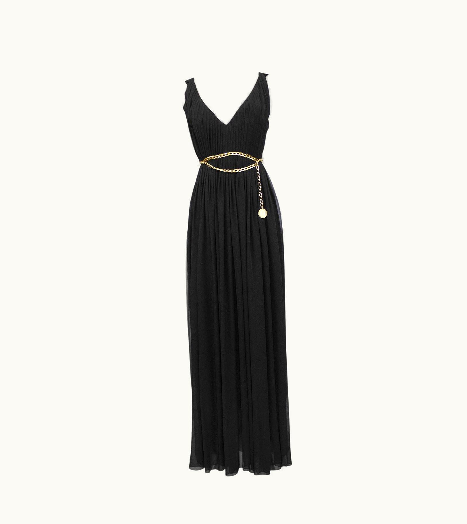 Chanel 1990s Chanel Collection 18 Black Chiffon Gown With Gold Chain Belt