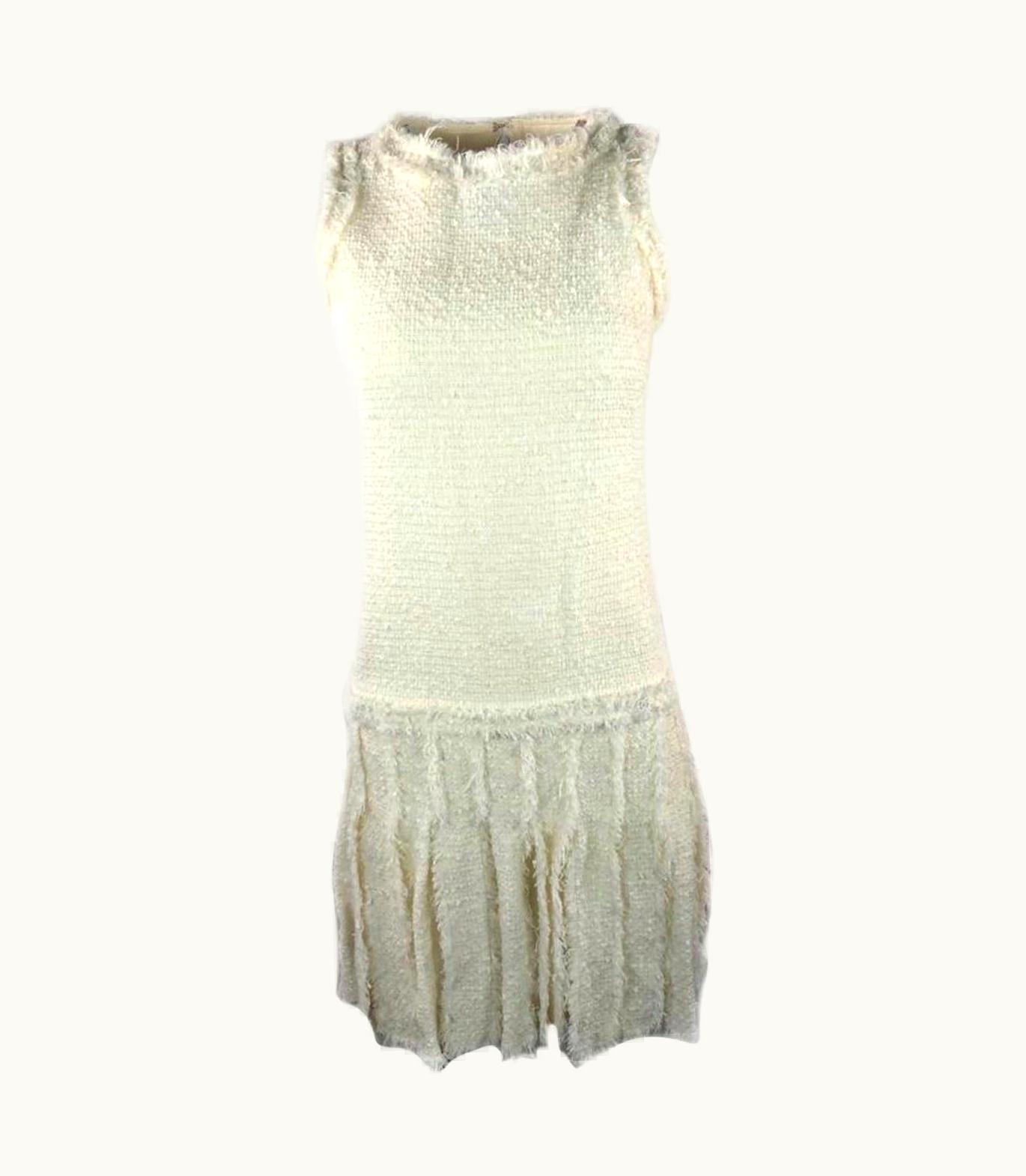 Chanel Chanel White Tweed Fringe Sleeveless Dress