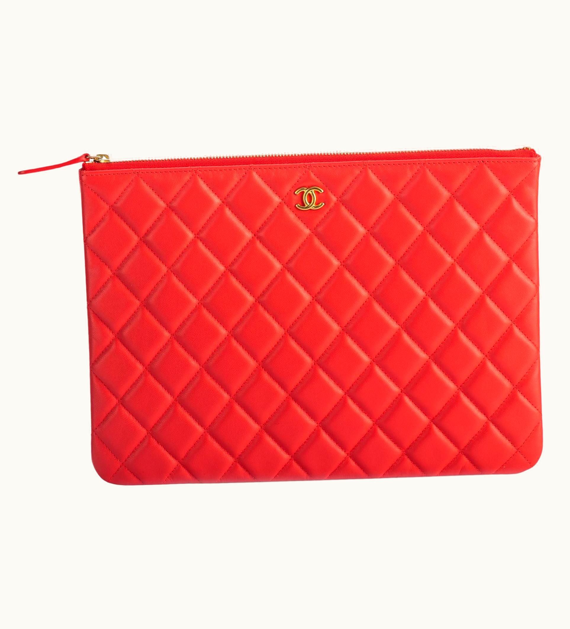 Chanel Chanel Coral Red Lambskin Quilted Clutch