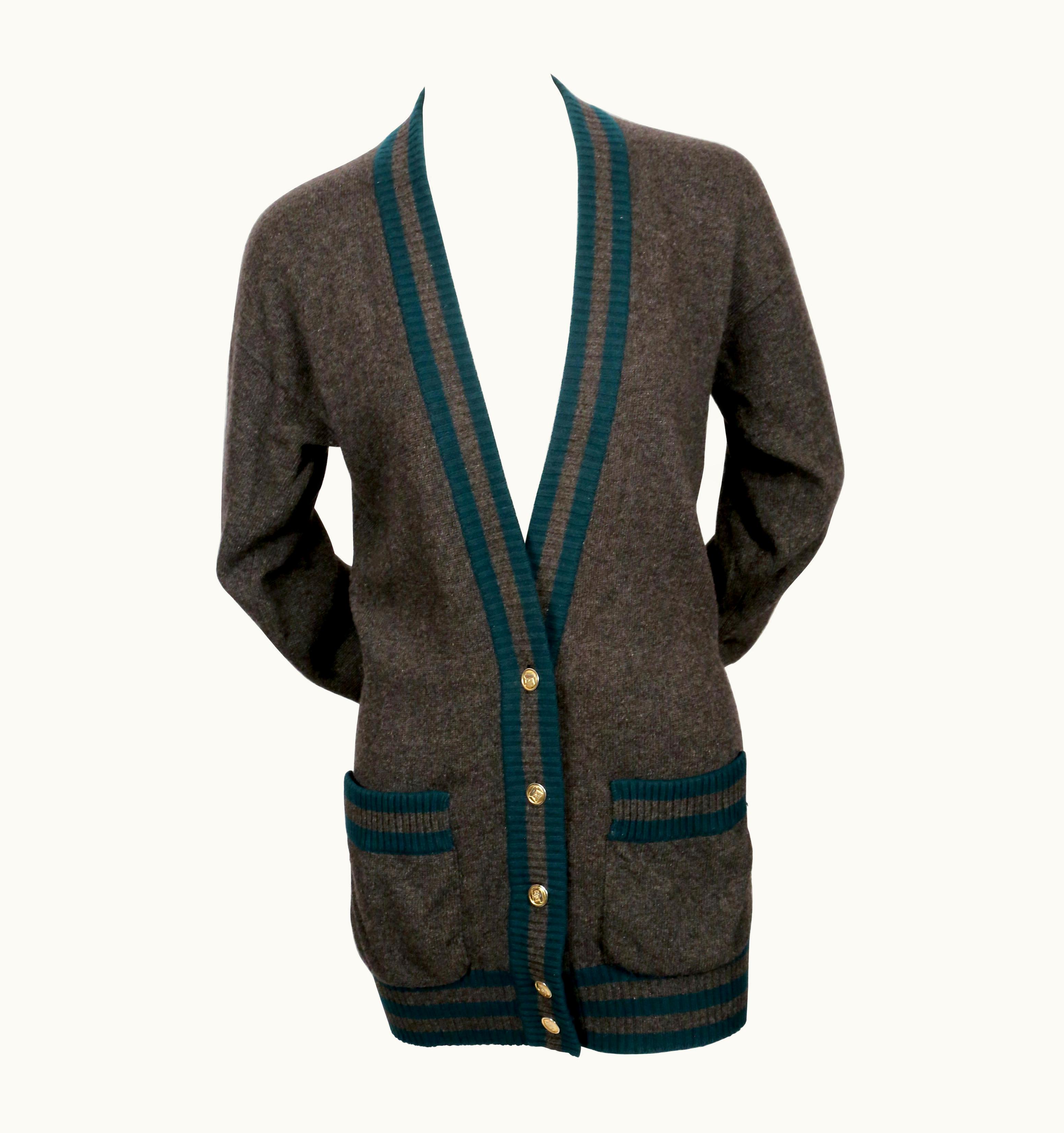 Chanel 1980' Chanel Charcoal Grey And Spruce Green Cashmere Cardigan Sweater
