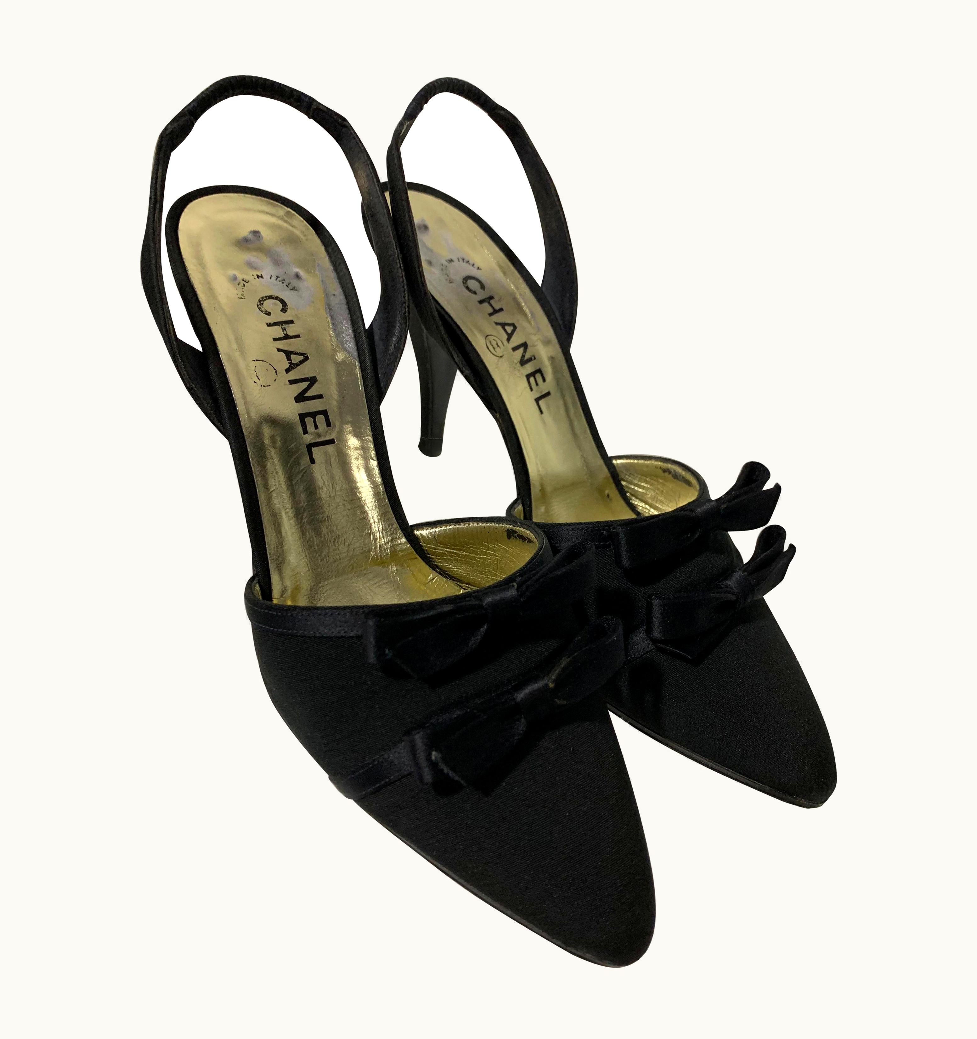 Chanel 1980 Chanel Black Silk Fabric Slingback Shoe W/Satin Bows m