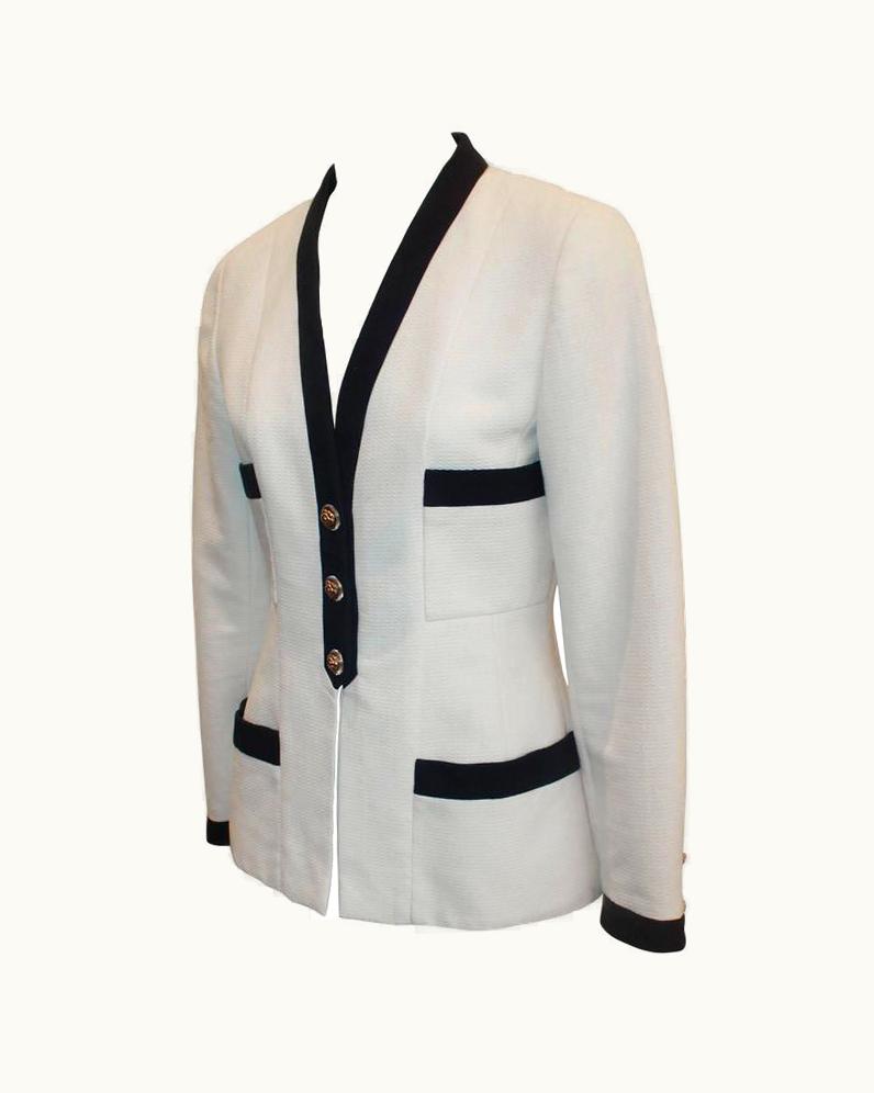 Chanel Chanel White 4-Pocket Jacket With Navy Trim & Camellia Buttons