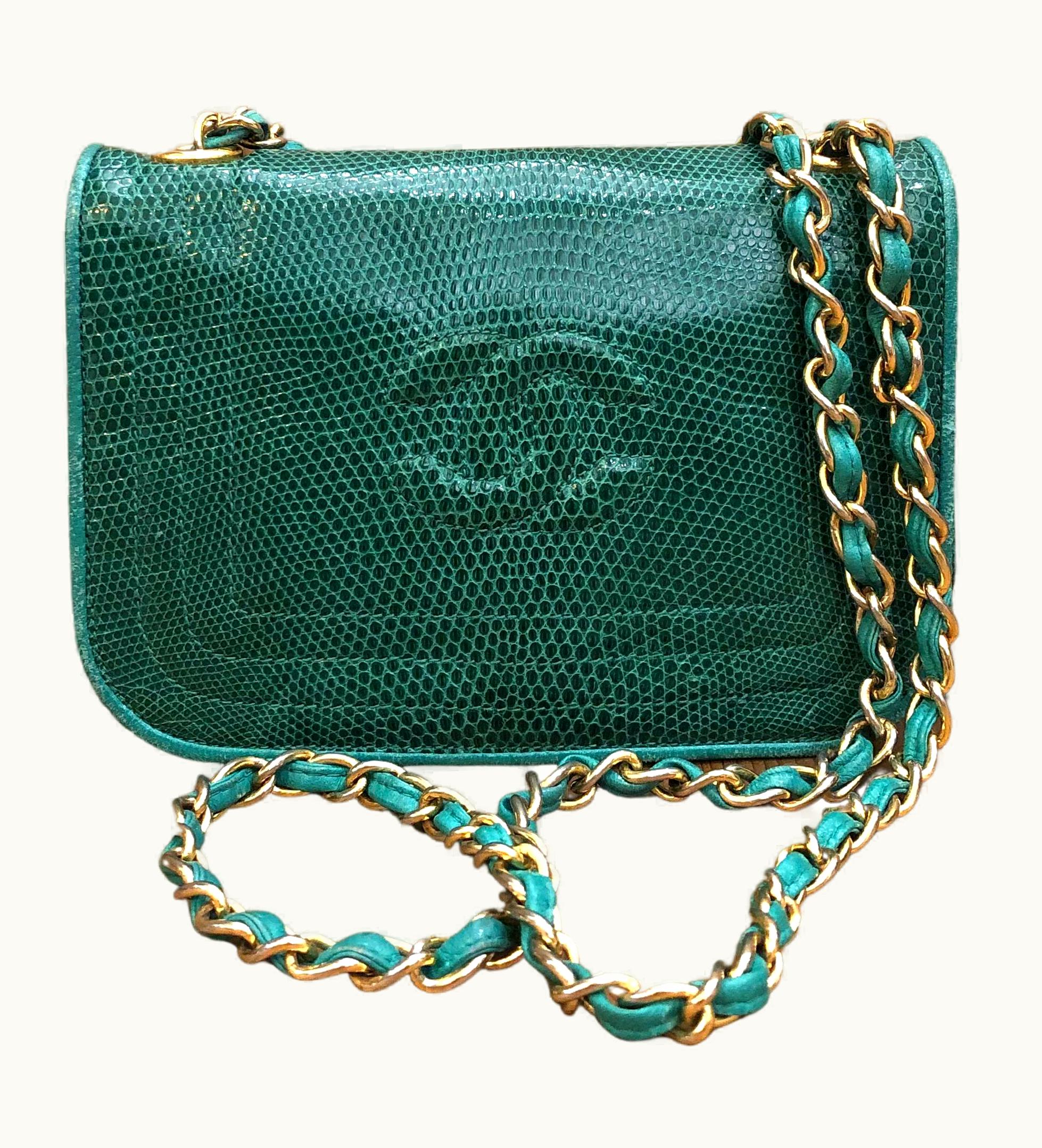 Chanel Vintage Chanel Lizard Flap Bag Small Emerald