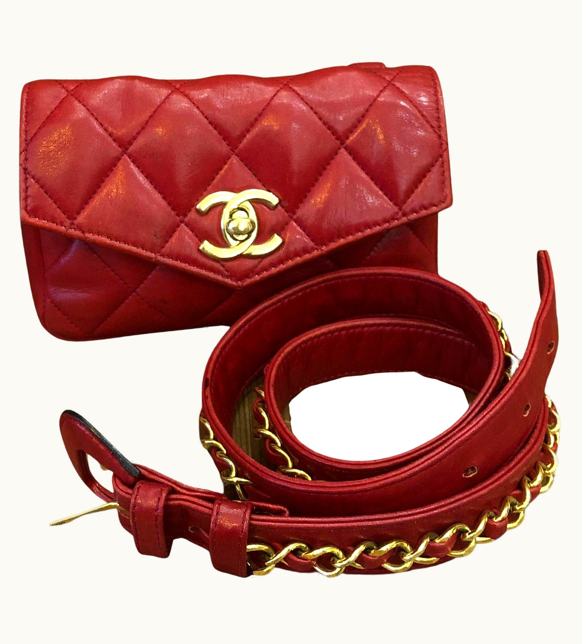 Chanel 1980s Vintage Chanel Red Lambskin Leather Belt Bag