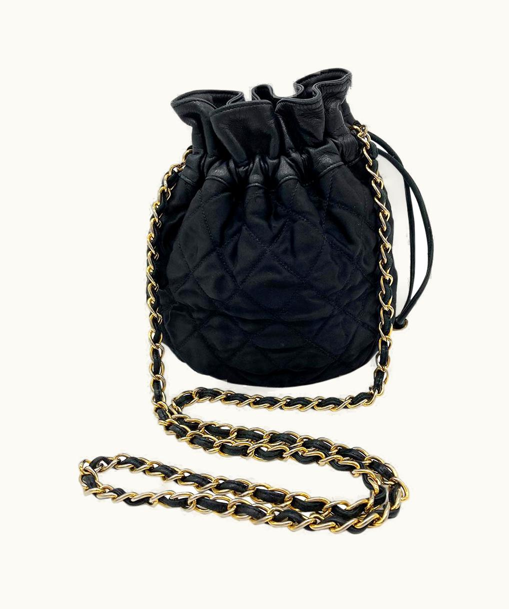 Chanel Vintage Chanel Black Satin & Leather Drawstring Bucket Bag
