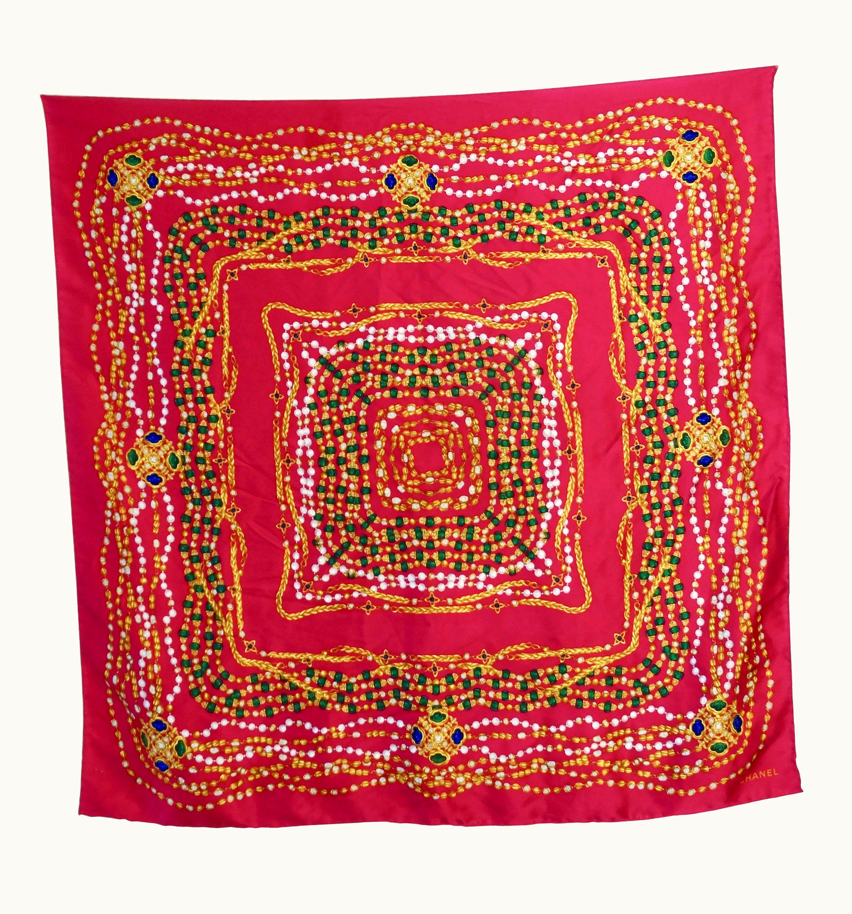 Chanel Chanel 1980s Jewels & Pearls Magenta Silk Scarf