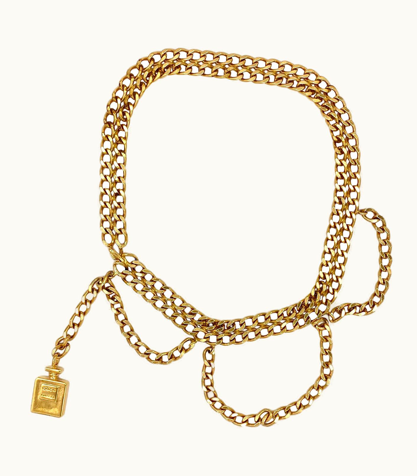Chanel Vintage Chain Belt, Draped With Chanel Perfume Bottle