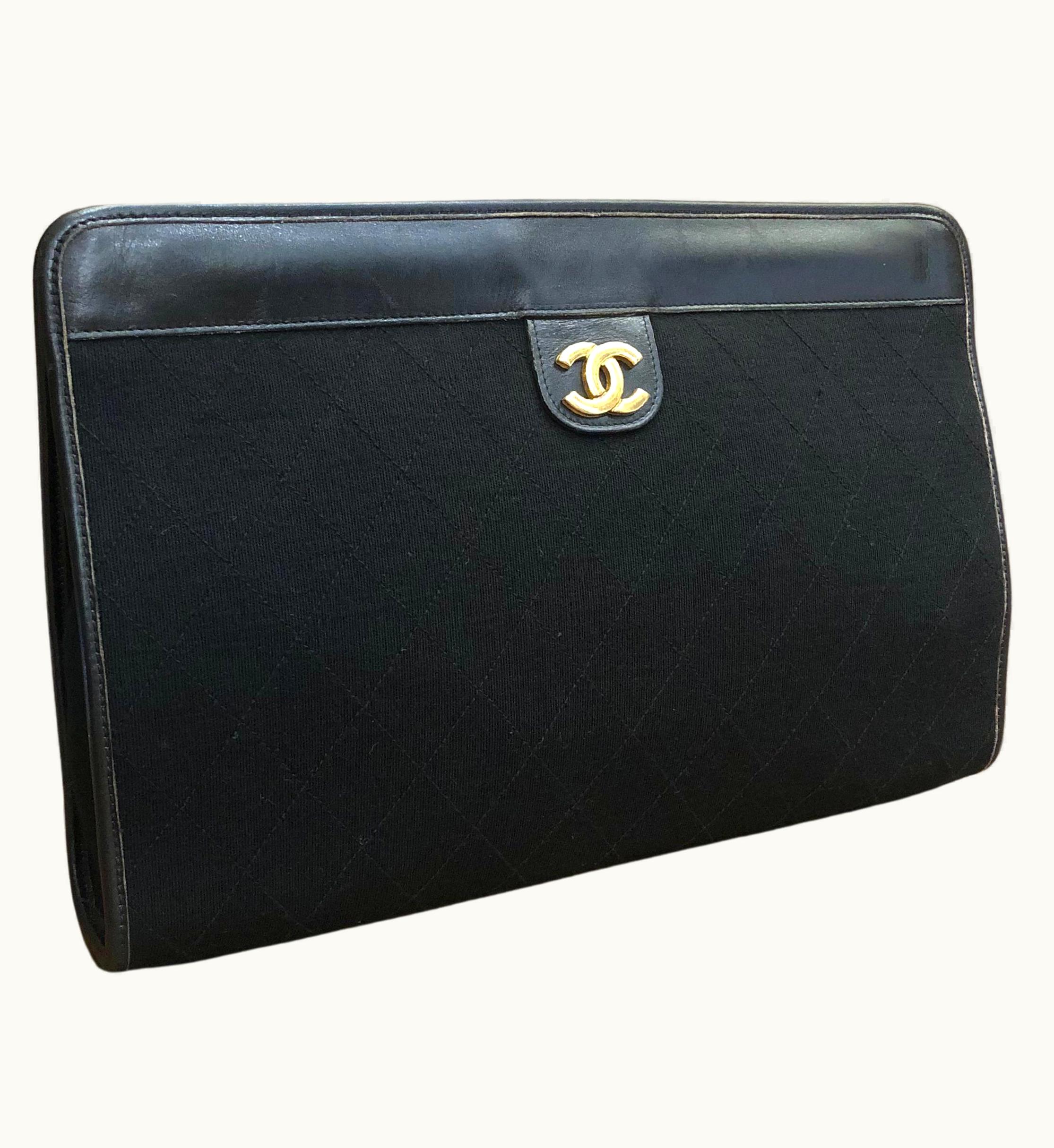 Chanel Vintage Chanel Diamond Quilted Jersey Clutch Bag Black Large