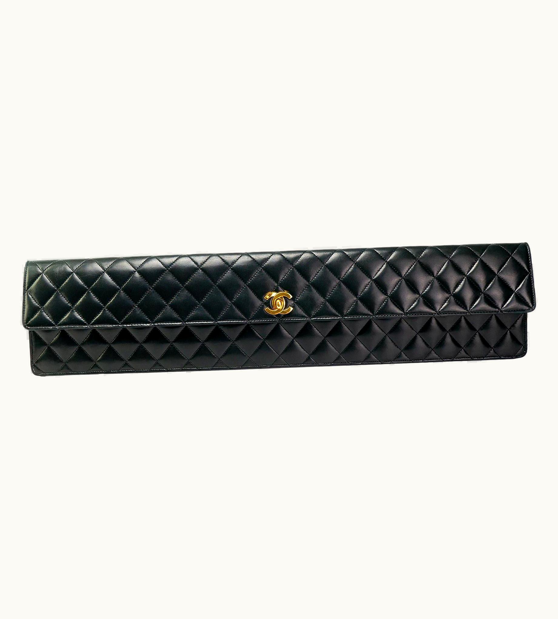 Chanel Chanel 80s Black Lambskin Extra Long Elongated Classic Flap Clutch