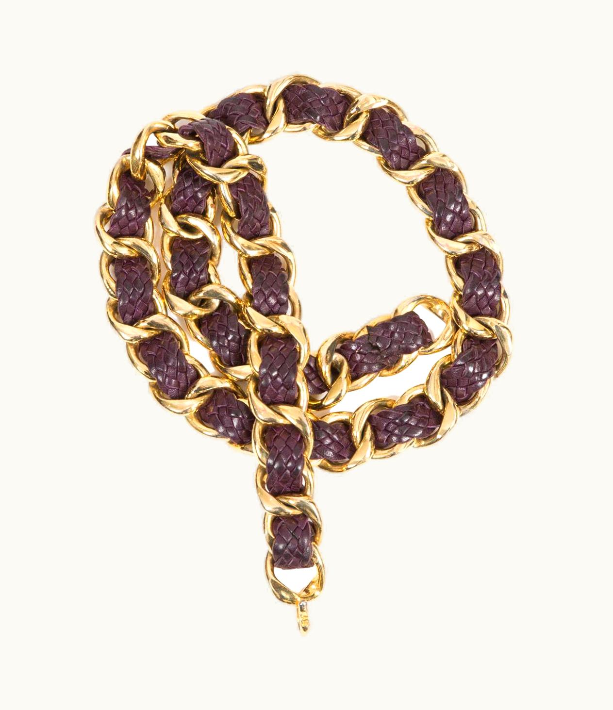 Chanel Chanel Gold Tone And Plum Leather Chain Belt