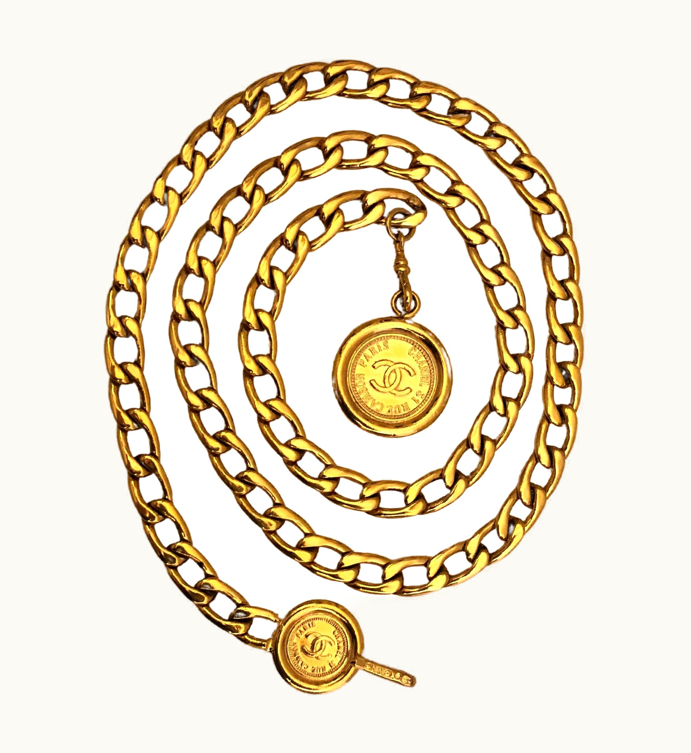 Chanel 1980s Vintage Chanel Gold Toned Cambon Coin Chain Belt Necklace