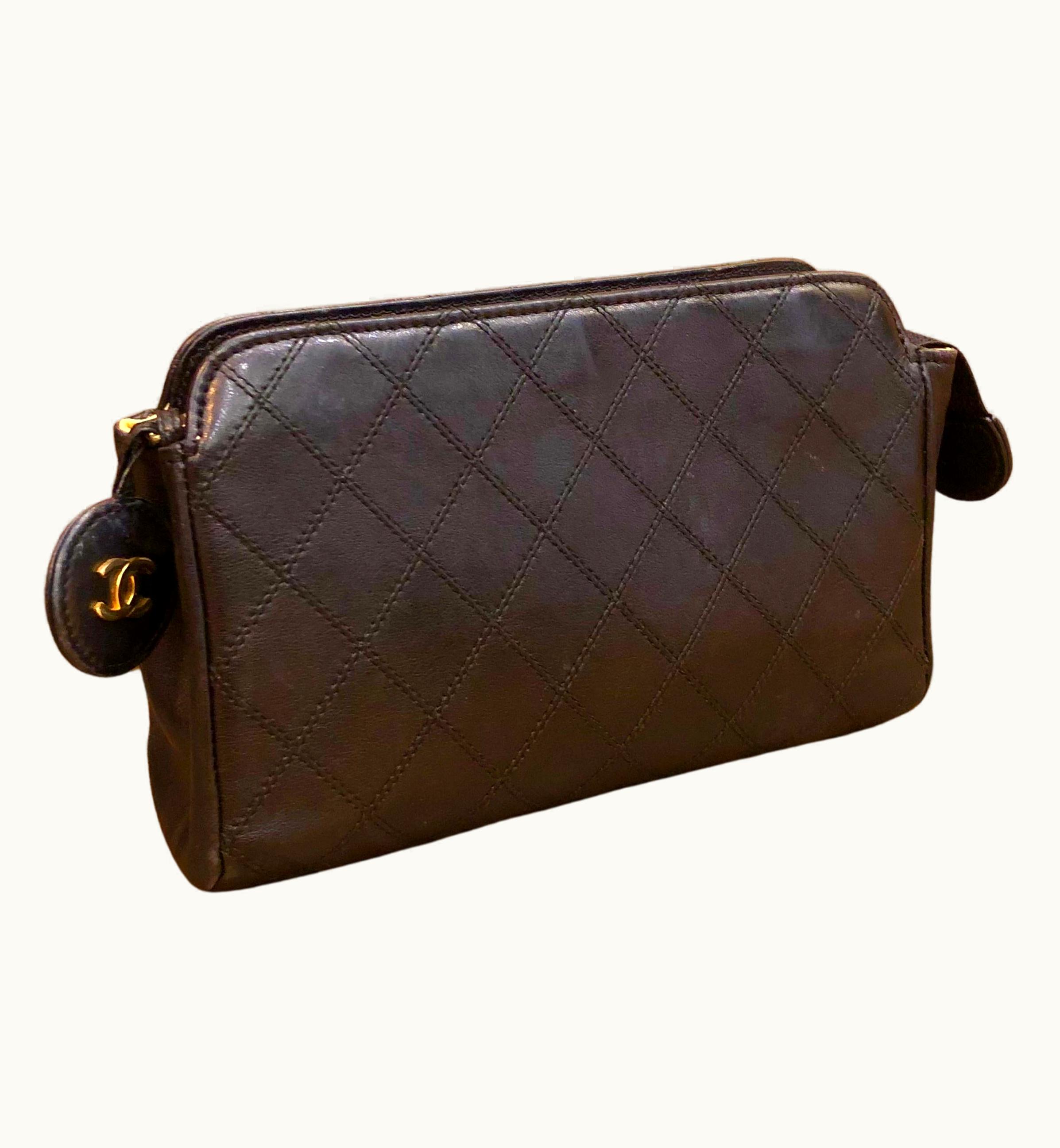 Chanel Vintage Chanel Black Quilted Lambskin Leather Pouch Bag Clutch (Altered)