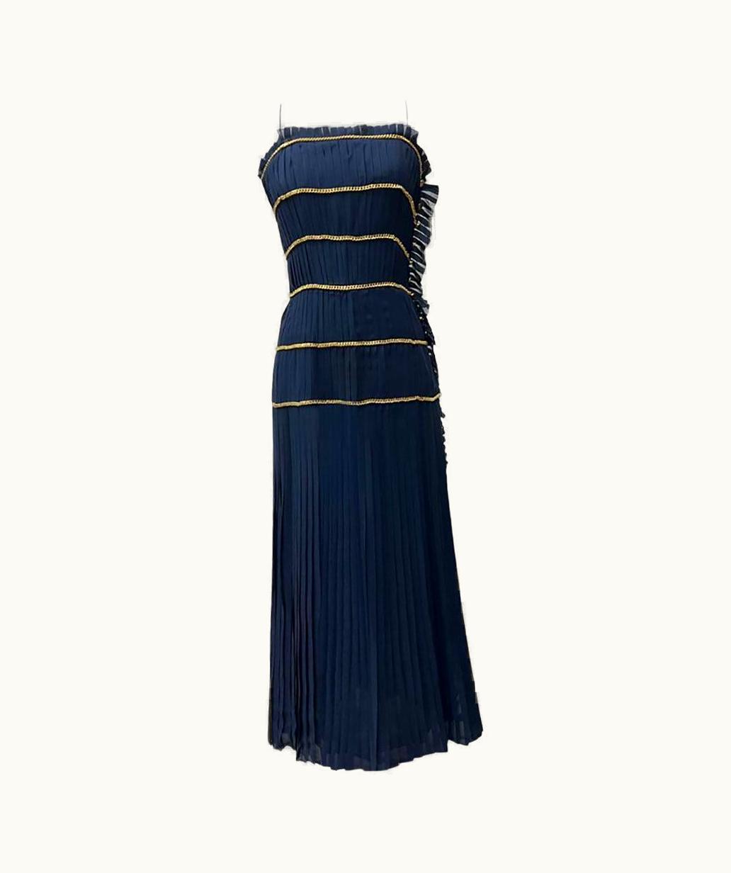 Chanel Vintage 1988 Chanel Pleated Navy Blue Silk Dress