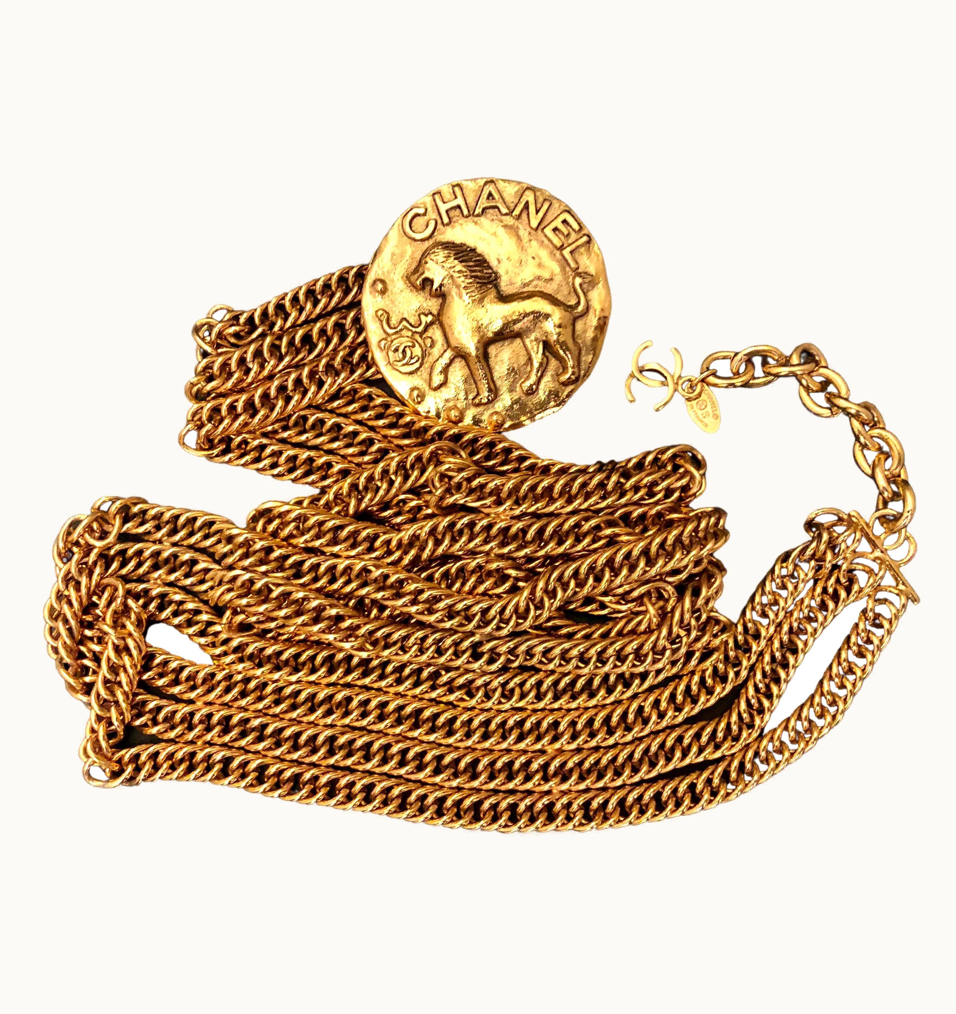 Chanel 1980s Vintage Chanel Gold Toned Lion Medallion Triple Chain Belt