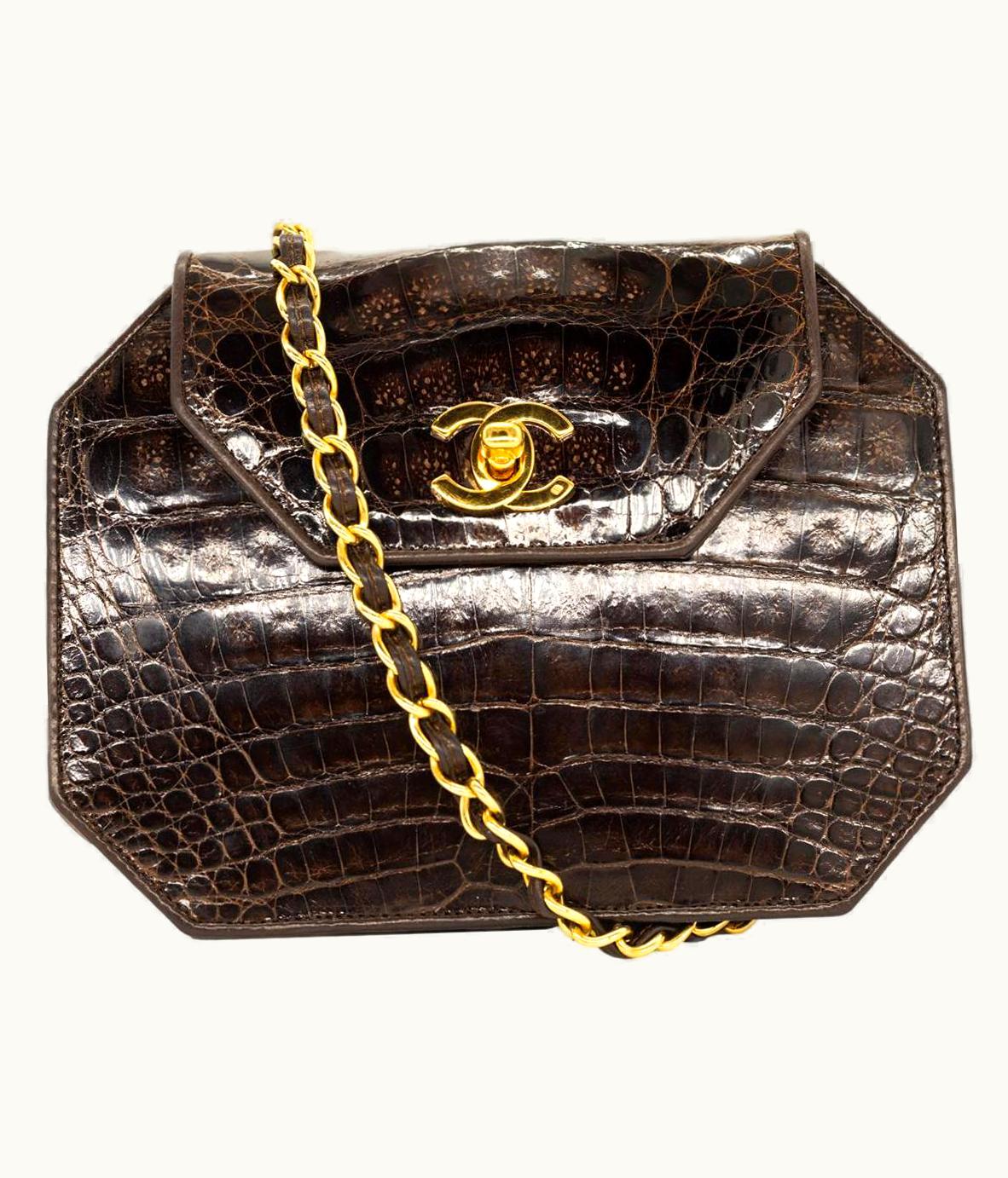 Chanel Chanel Brown Alligator Octagon Cross Body Flap Bag With Gold Hardware