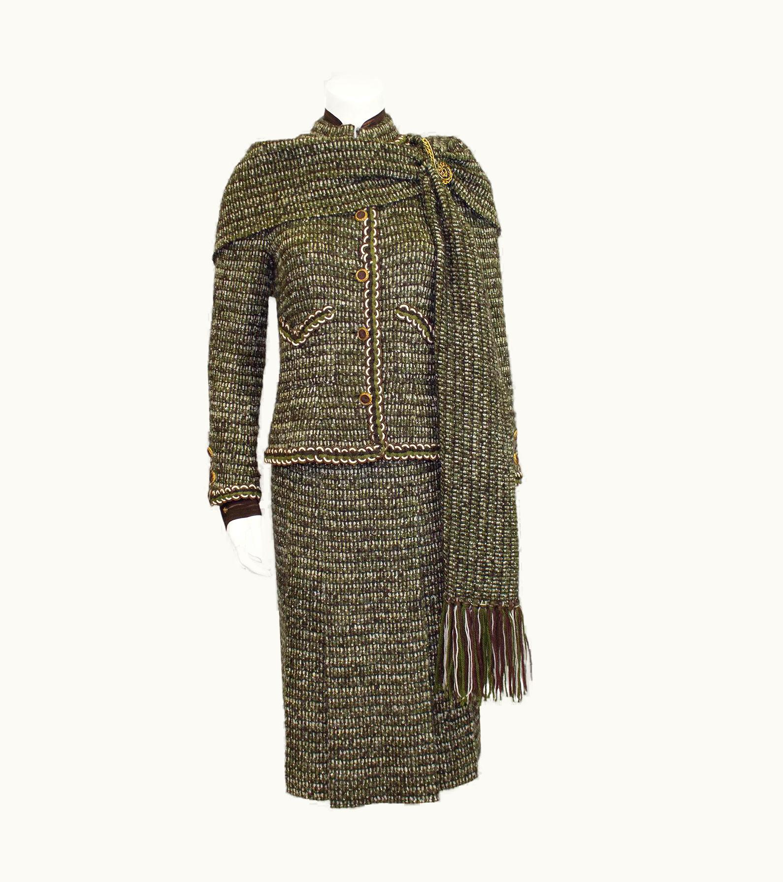 Chanel 1981 Chanel Haute Couture Green And Brown Tweed 4 Piece Skirt Suit