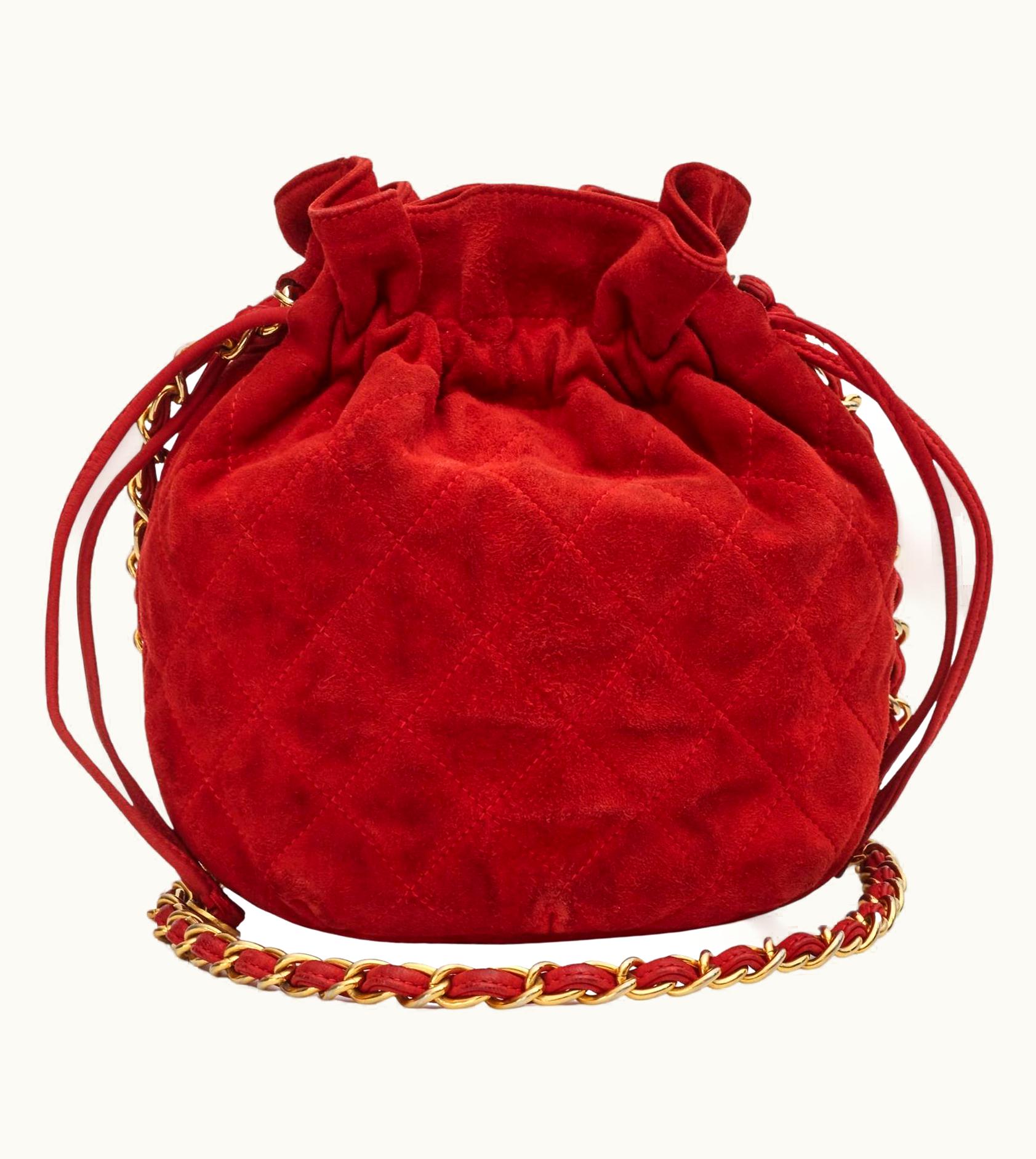 Chanel Chanel Red Quilted Suede Mini Drawstring Pouch Bucket Bag (Circa Late 80s)