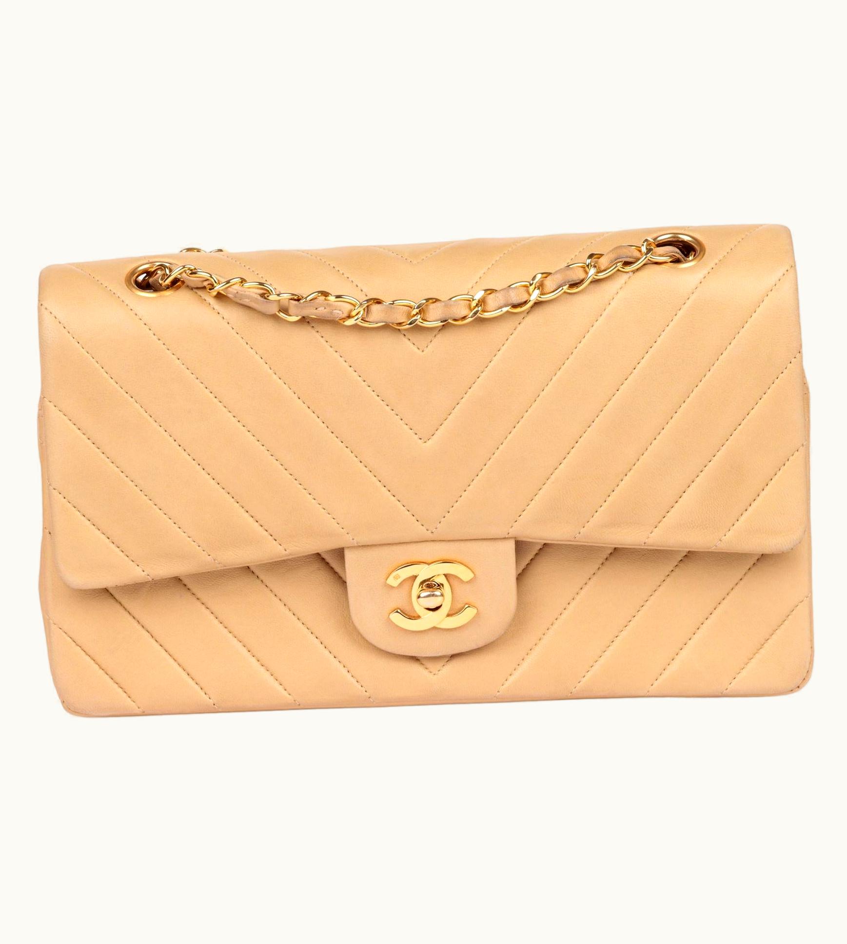Chanel Chanel Beige Chevron Quilted Lambskin Vintage Medium Classic Double Flap Bag
