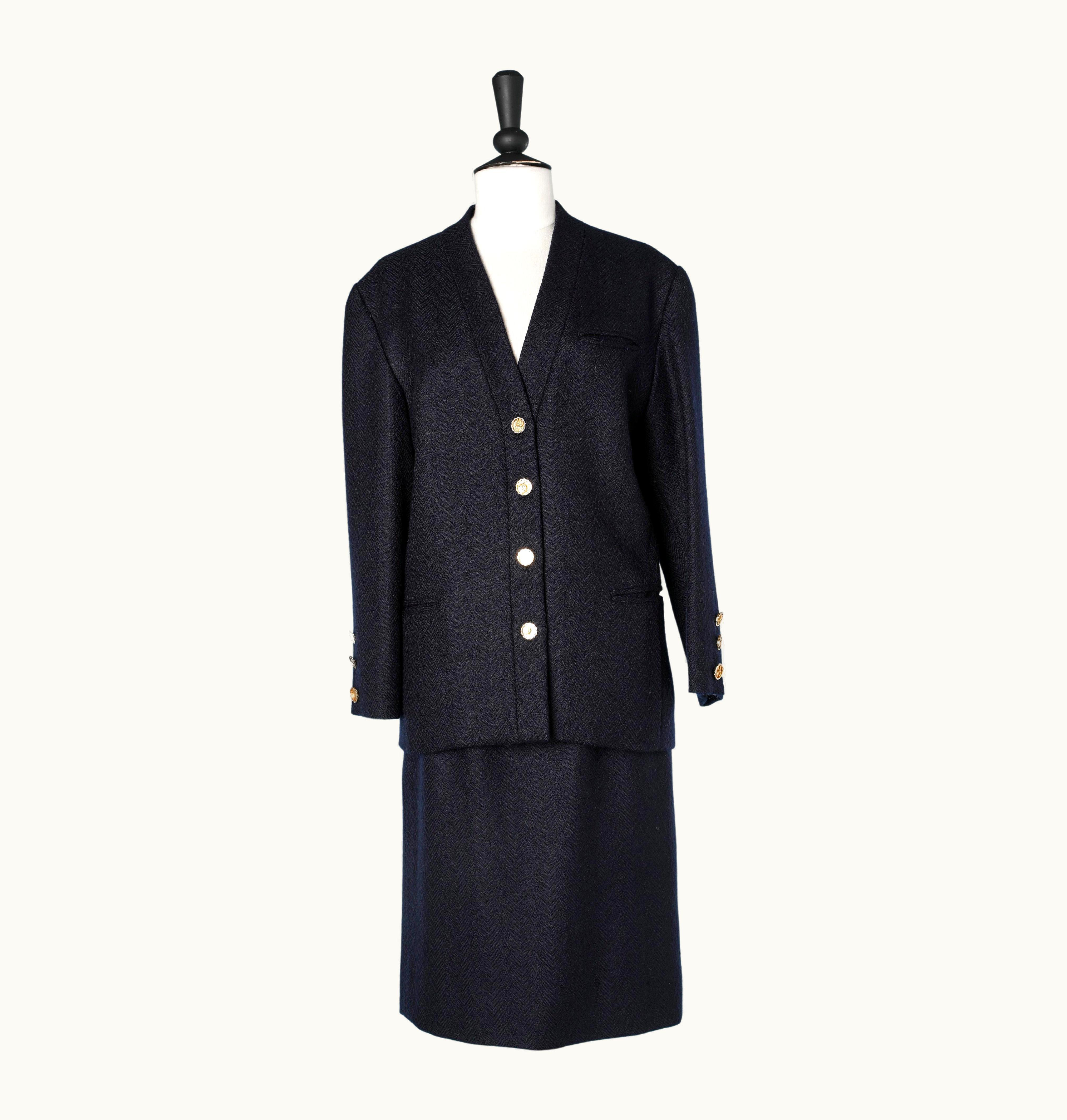 Chanel Wool Navy Blue Skirt Suit With Branded Buttons Chanel