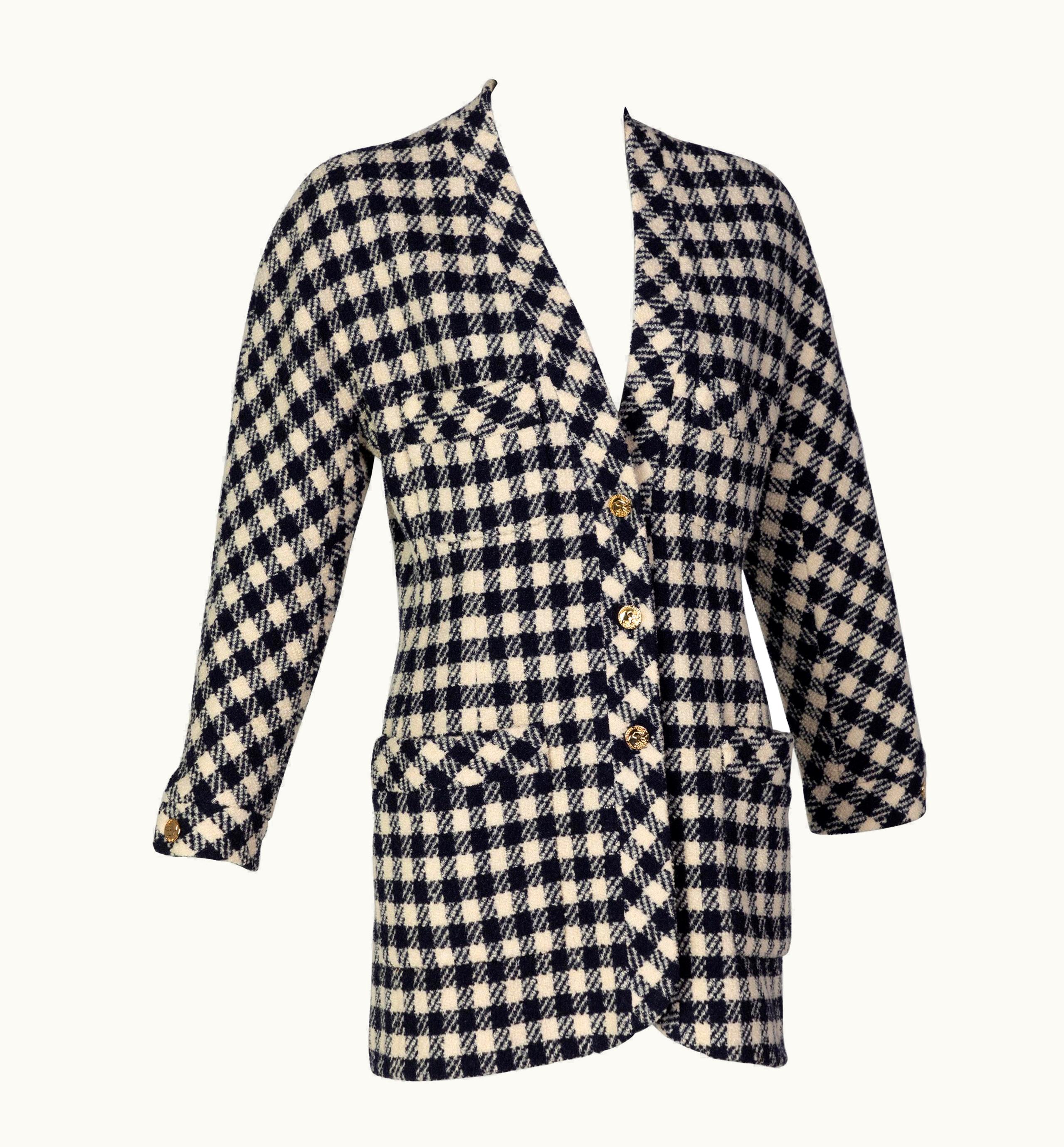 Chanel Chanel Navy Blue Crème Wool Check Gold Button Cardigan Jacket, 1980s UZ0590746
