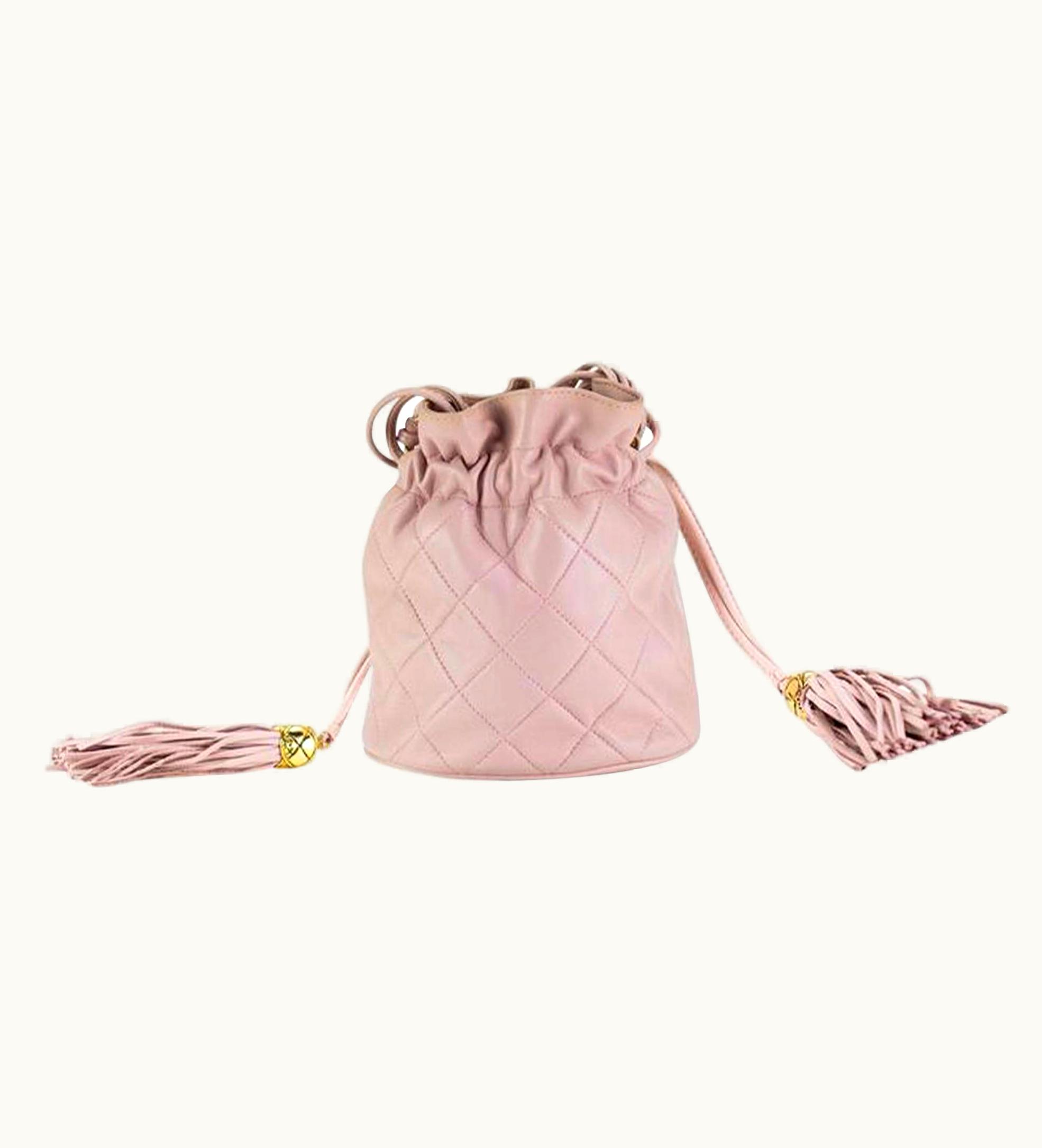 Chanel Chanel Drawstring Bucket Quilted Two Tone Light Pink Lambskin Leather Hobo Bag