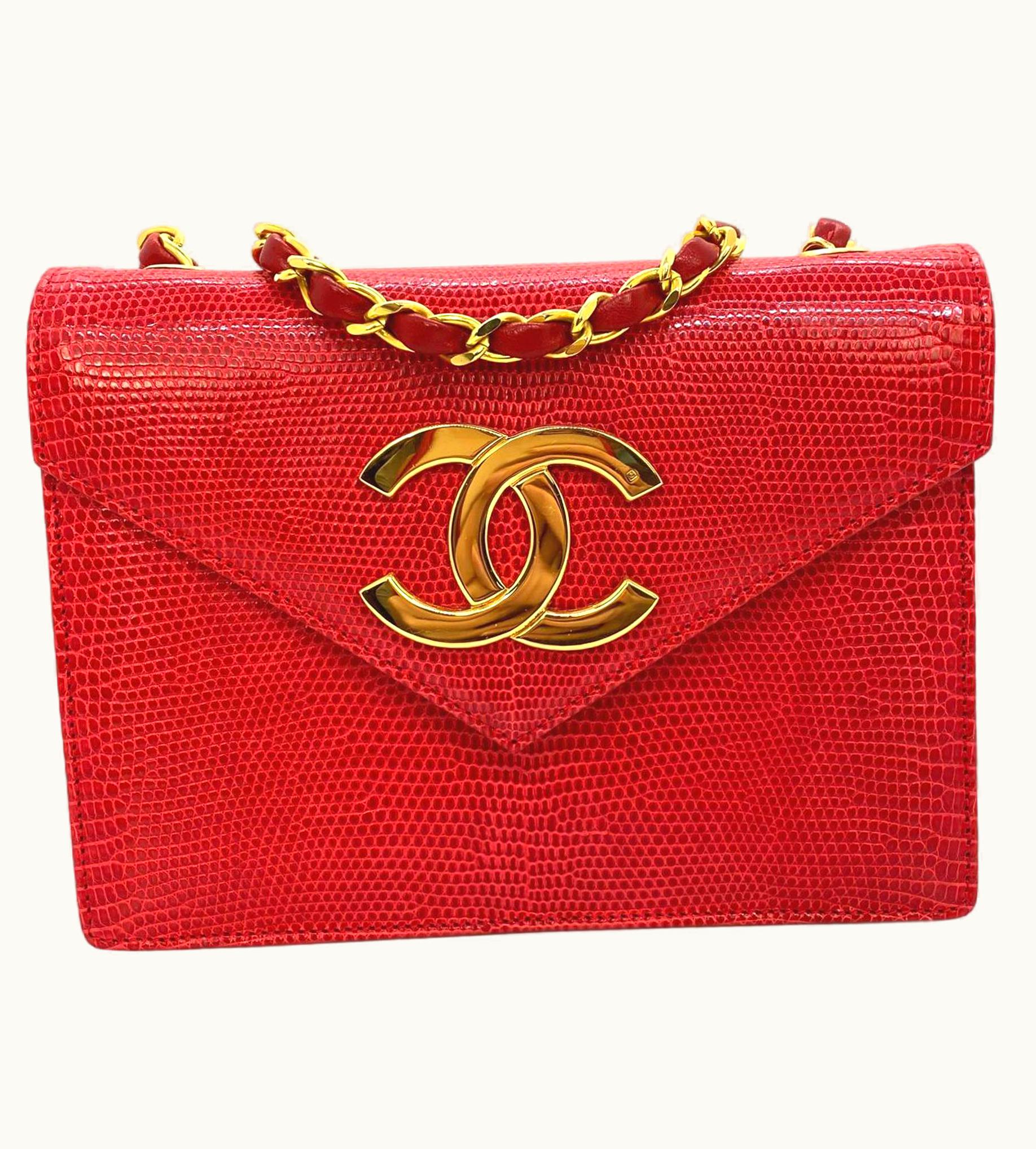 Chanel Chanel Vintage Red Lizard Envelope Cross Body Flap Bag With Gold Hardware