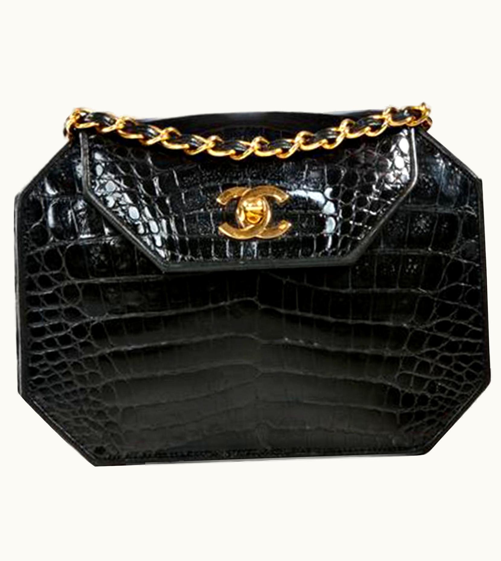 Chanel Chanel Classic Flap Clutch Vintage 80' Gold Cc Closure Black Crocodile Skin Bag