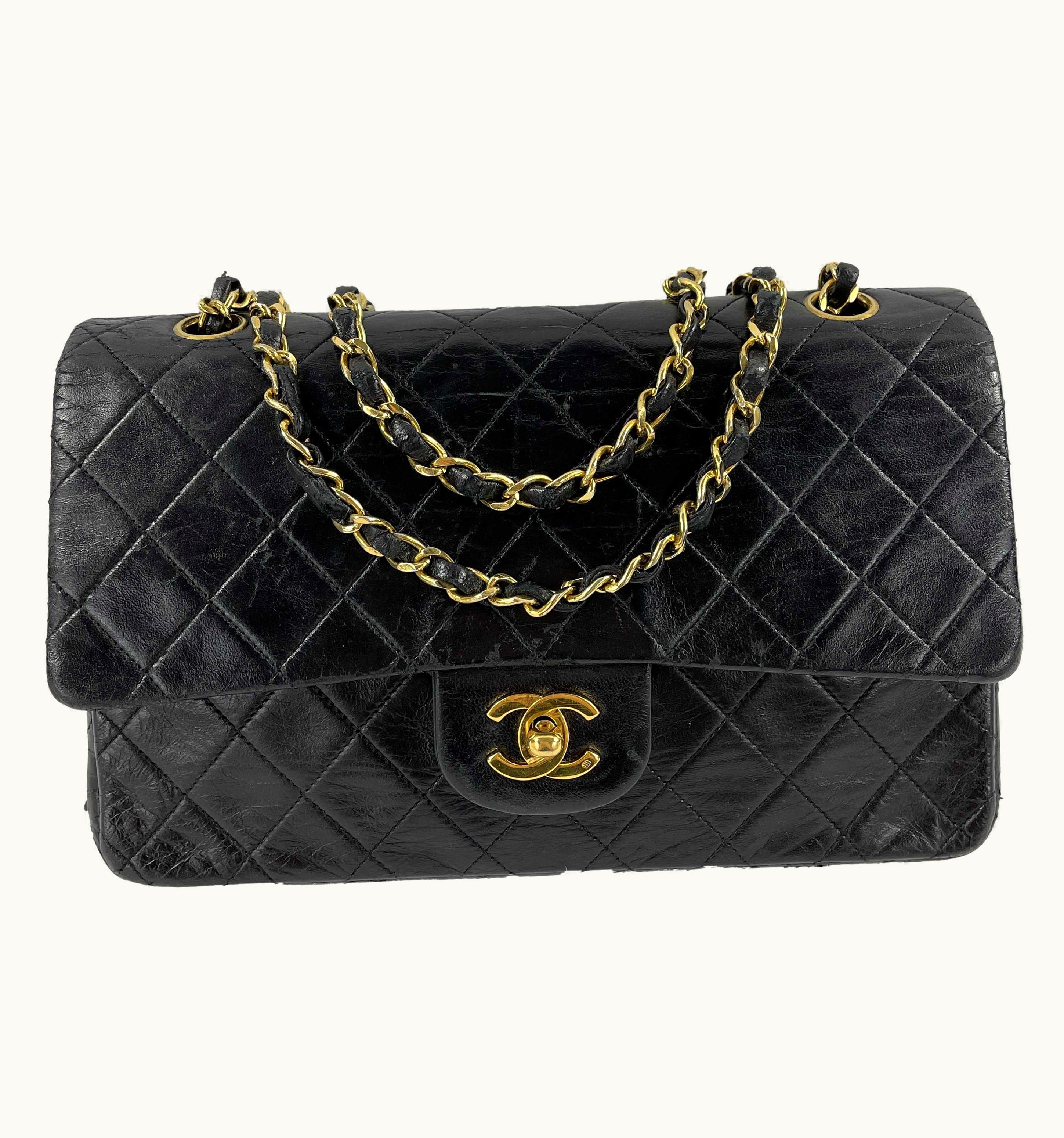 Chanel Chanel Vintage Black S/S Gold Cc Medium Double Flap Quilted Shoulder S/S Crossbody