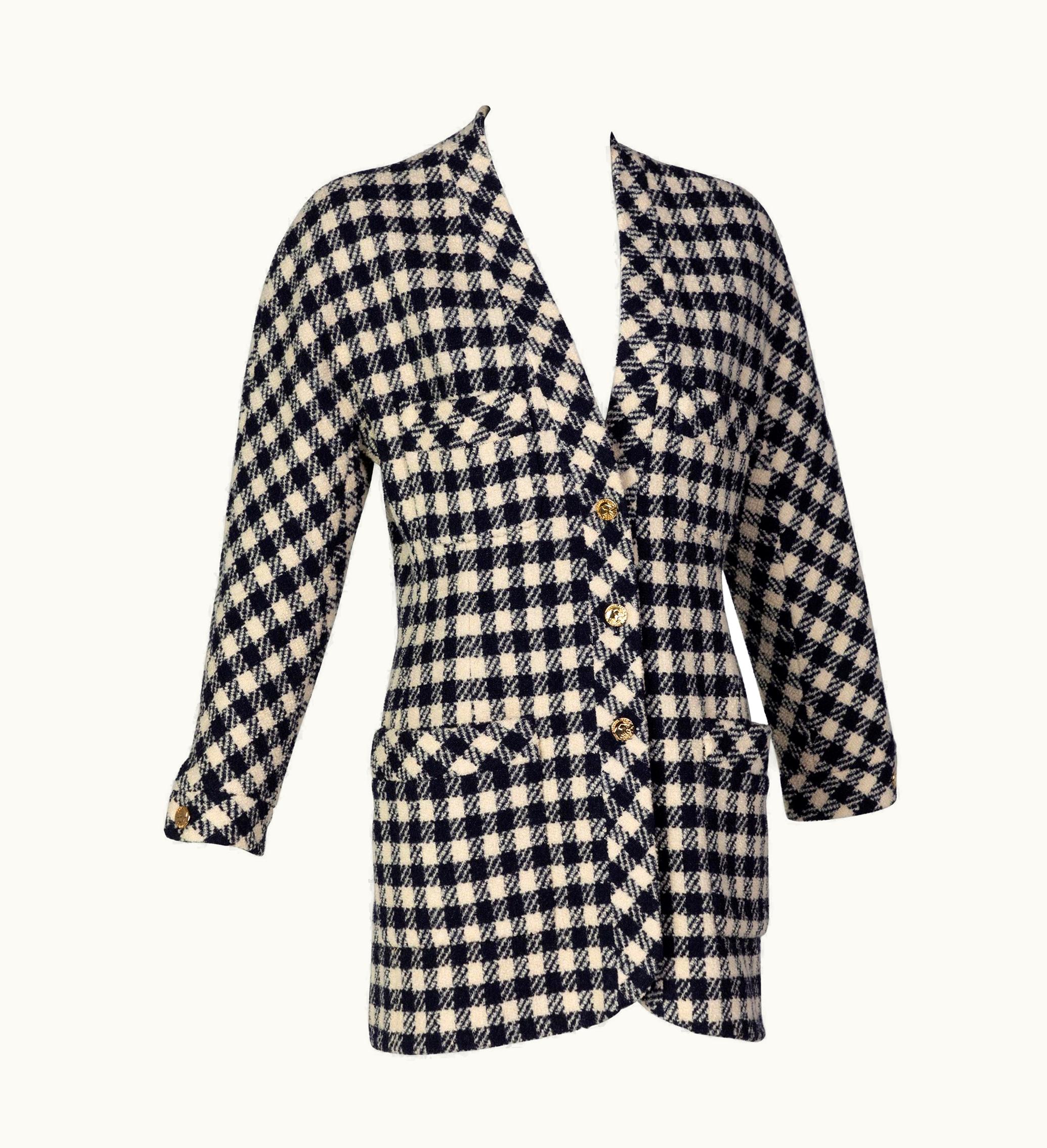Chanel Chanel Navy Blue Crème Wool Check Gold Button Cardigan Jacket, 1980s UZ0590768