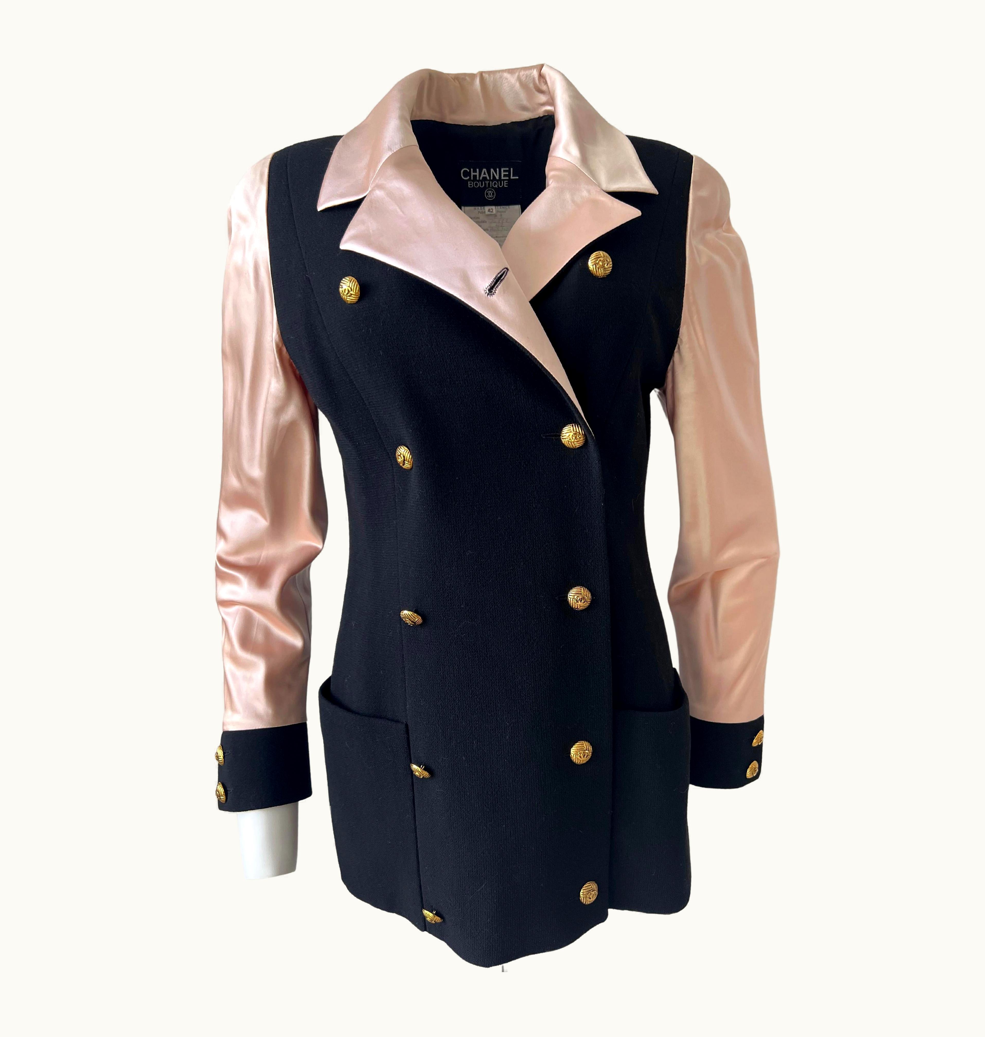 Chanel Black Wool And Pink Silk Gold Buttons Vintage 1984 Chanel Collection