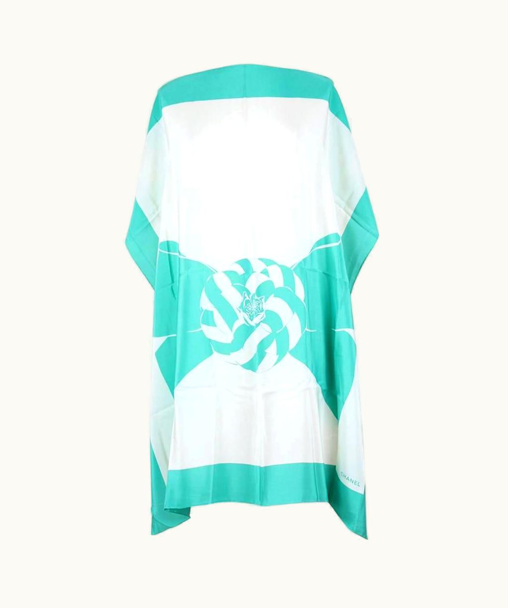 Chanel Chanel Creme White And Mint Green Camellia Print Silk Scarf, 1980s