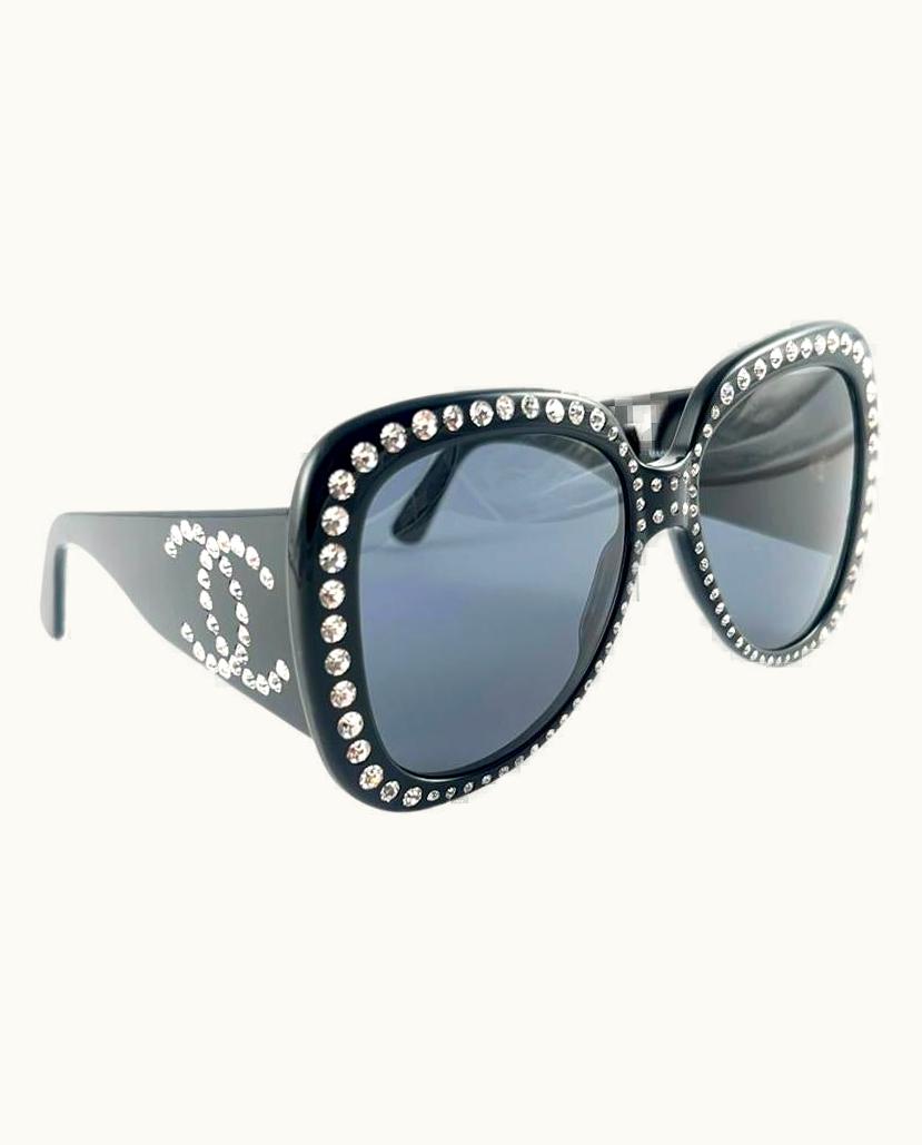 Chanel Vintage Chanel 05257 94305 Black Strass S/S 1994 Sunglasses Made In France