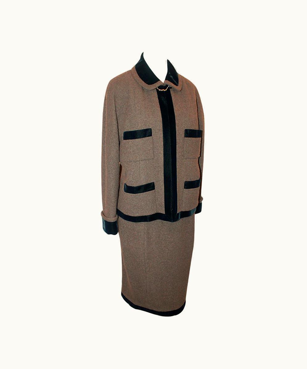Chanel Chanel Brown & Black Wool Skirt Suit WS/S Velvet Trim - Circa 80'