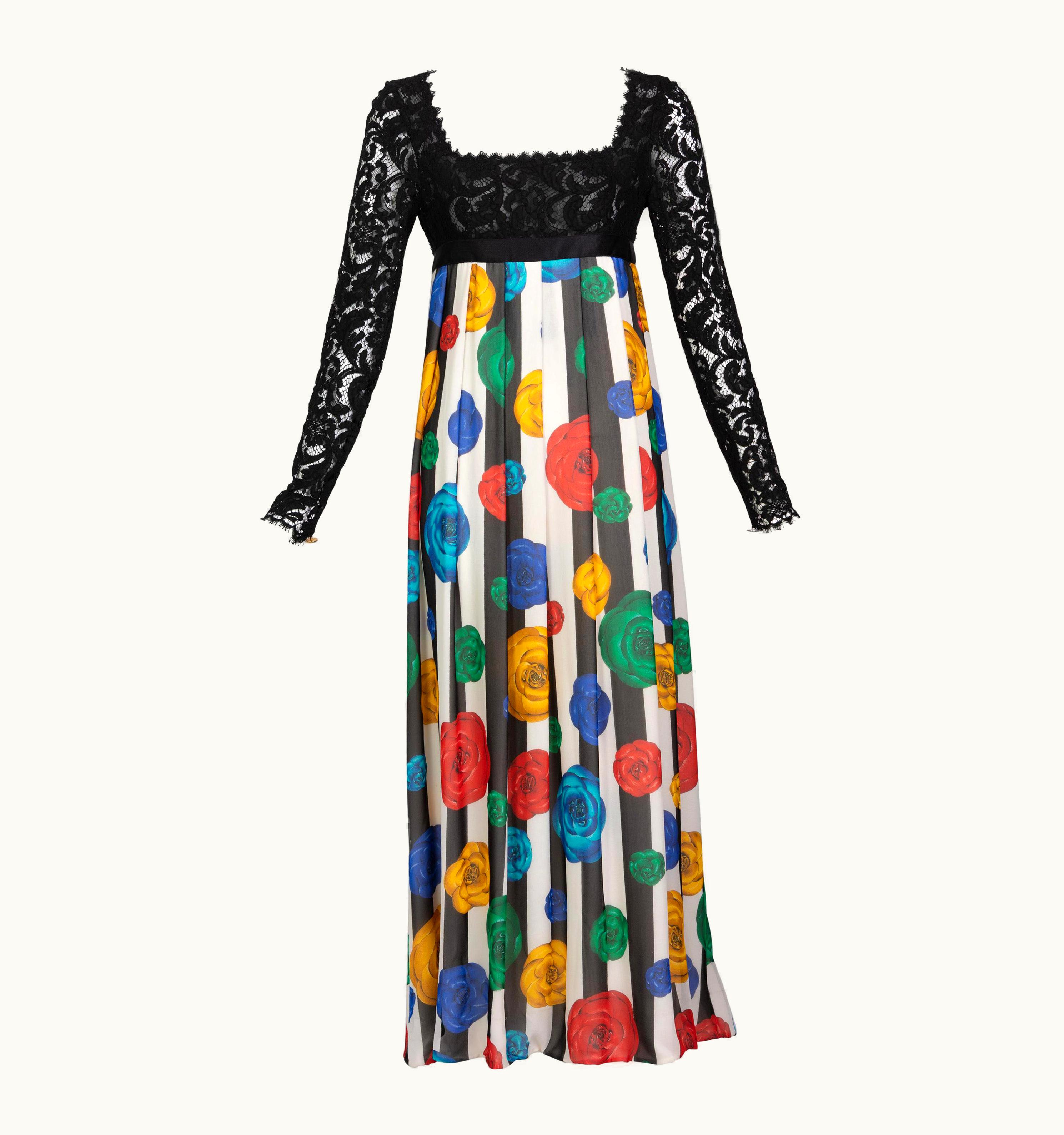 Chanel Chanel Lace Striped Camellia Empire Dress S/S 1988