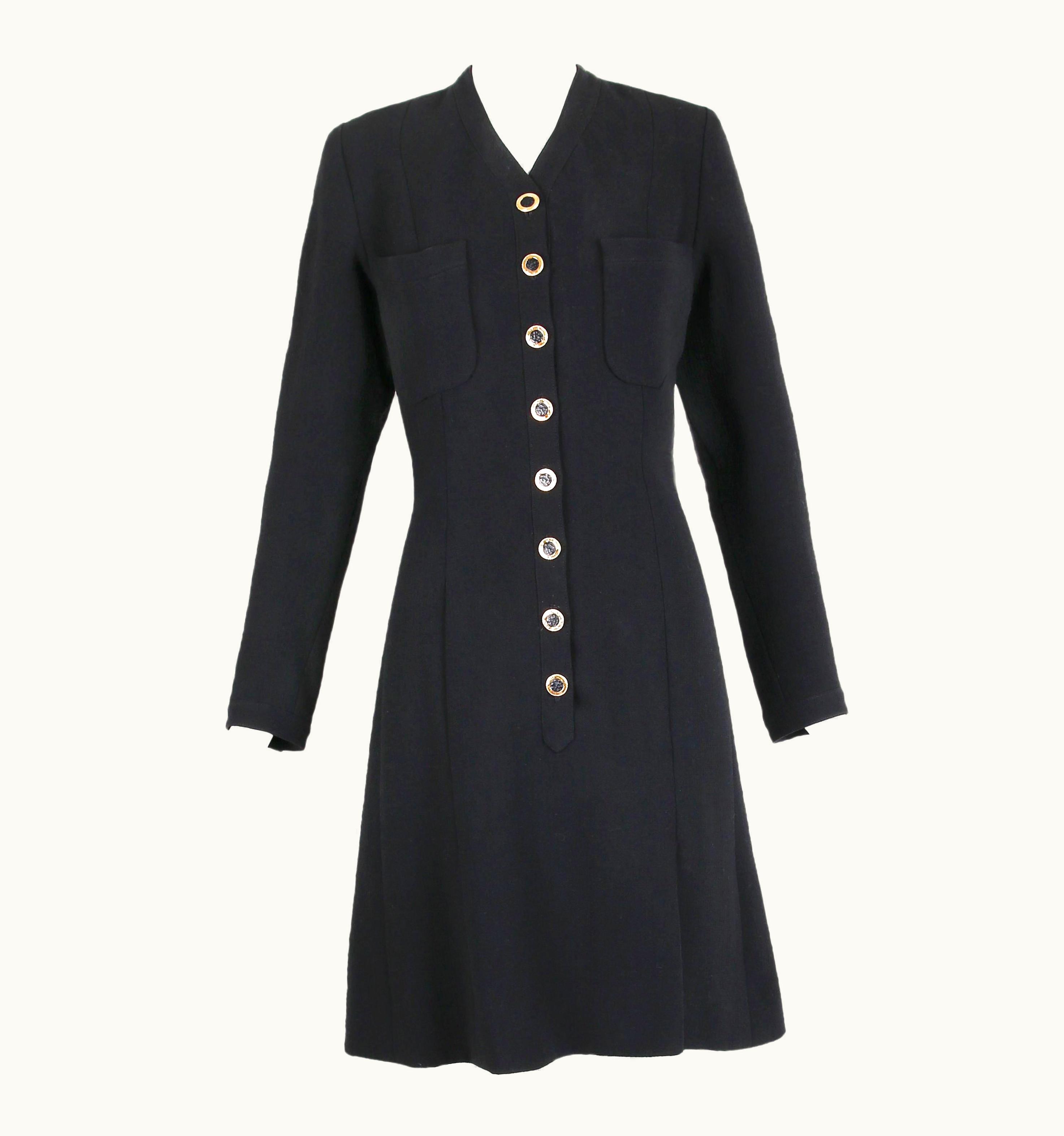 Chanel 1989 Chanel Haute Couture Black Wool Crepe Dress w/Green Silk Lining No