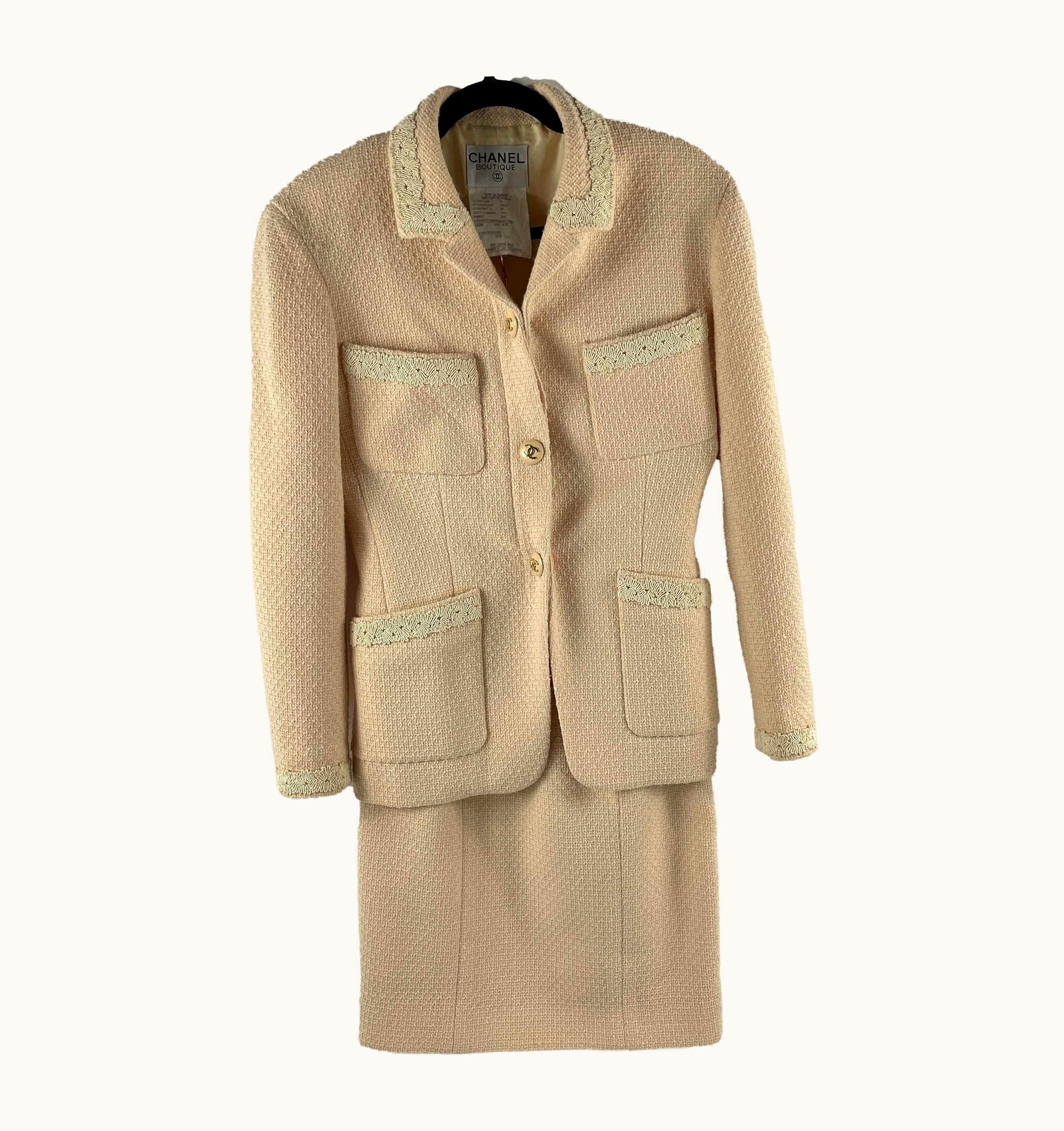 Chanel Chanel- Lace Trim Pink Tweed Jacket Skirt Suit Set Cc Buttons 38 Vintage