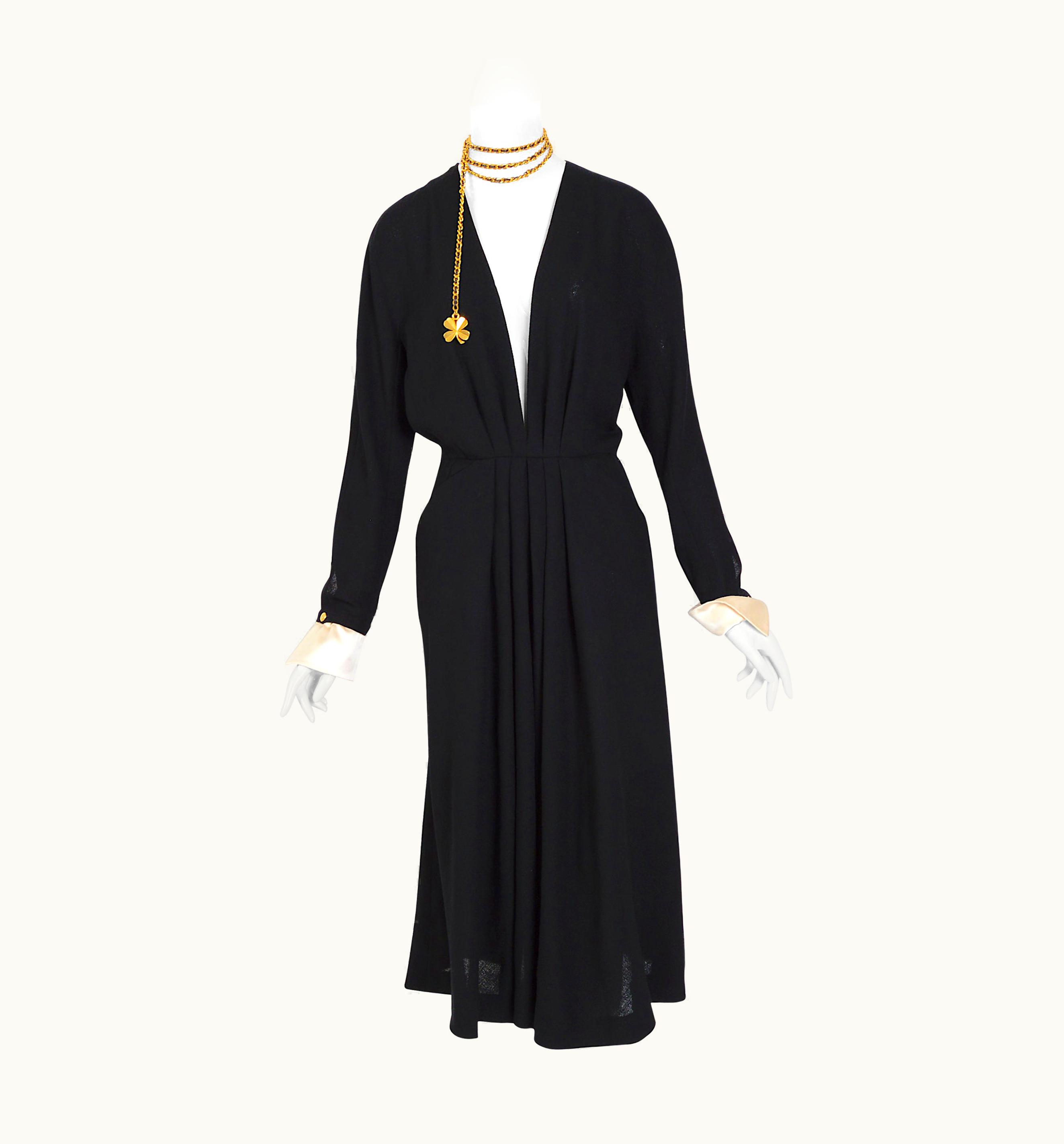 Chanel Chanel 1980s Black Deep V Neck Pleated Crepe Dress Detachable White Satin Cuffs