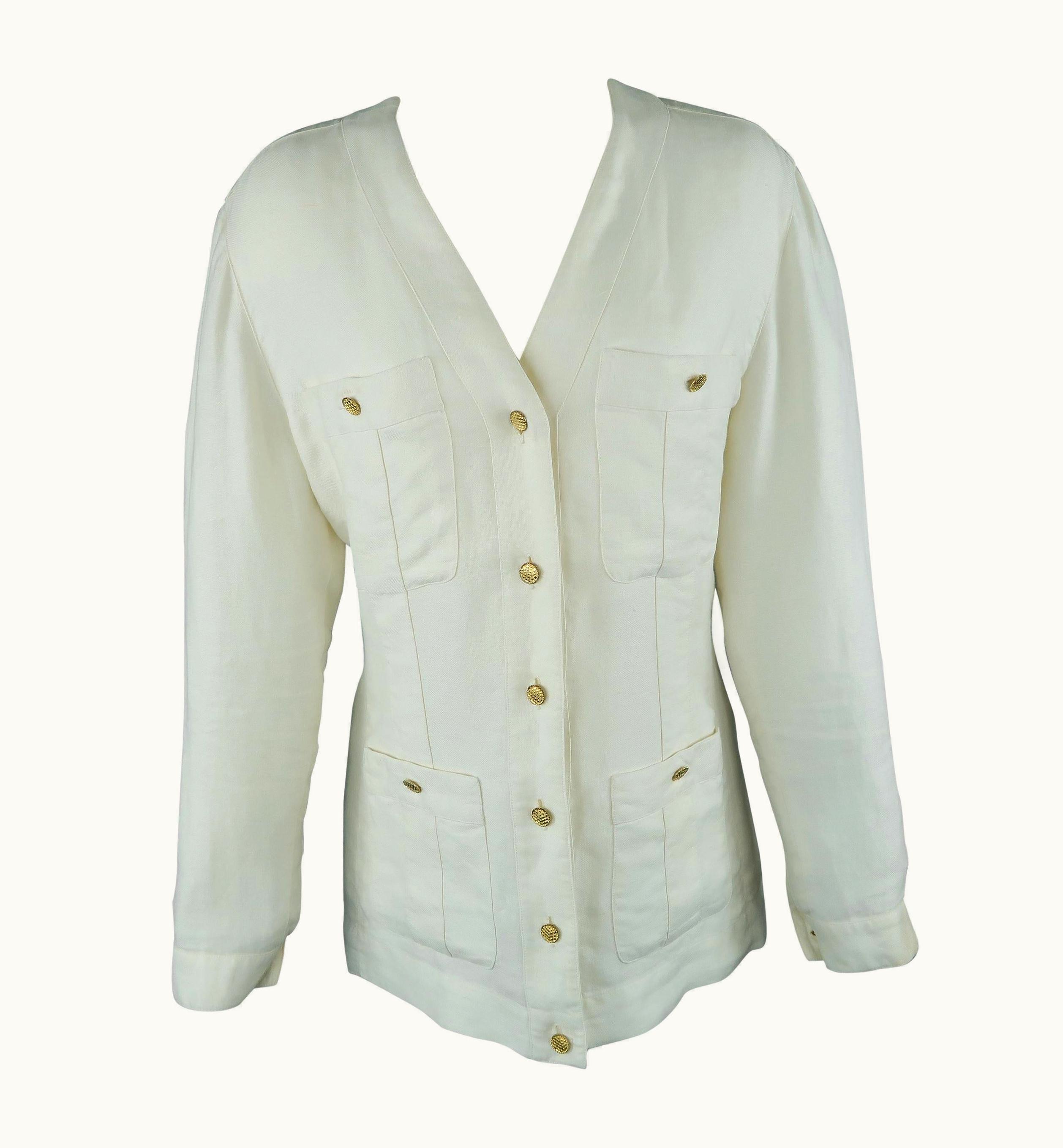 Chanel Chanel Cream Linen V Neck Patch Pocket Jacket