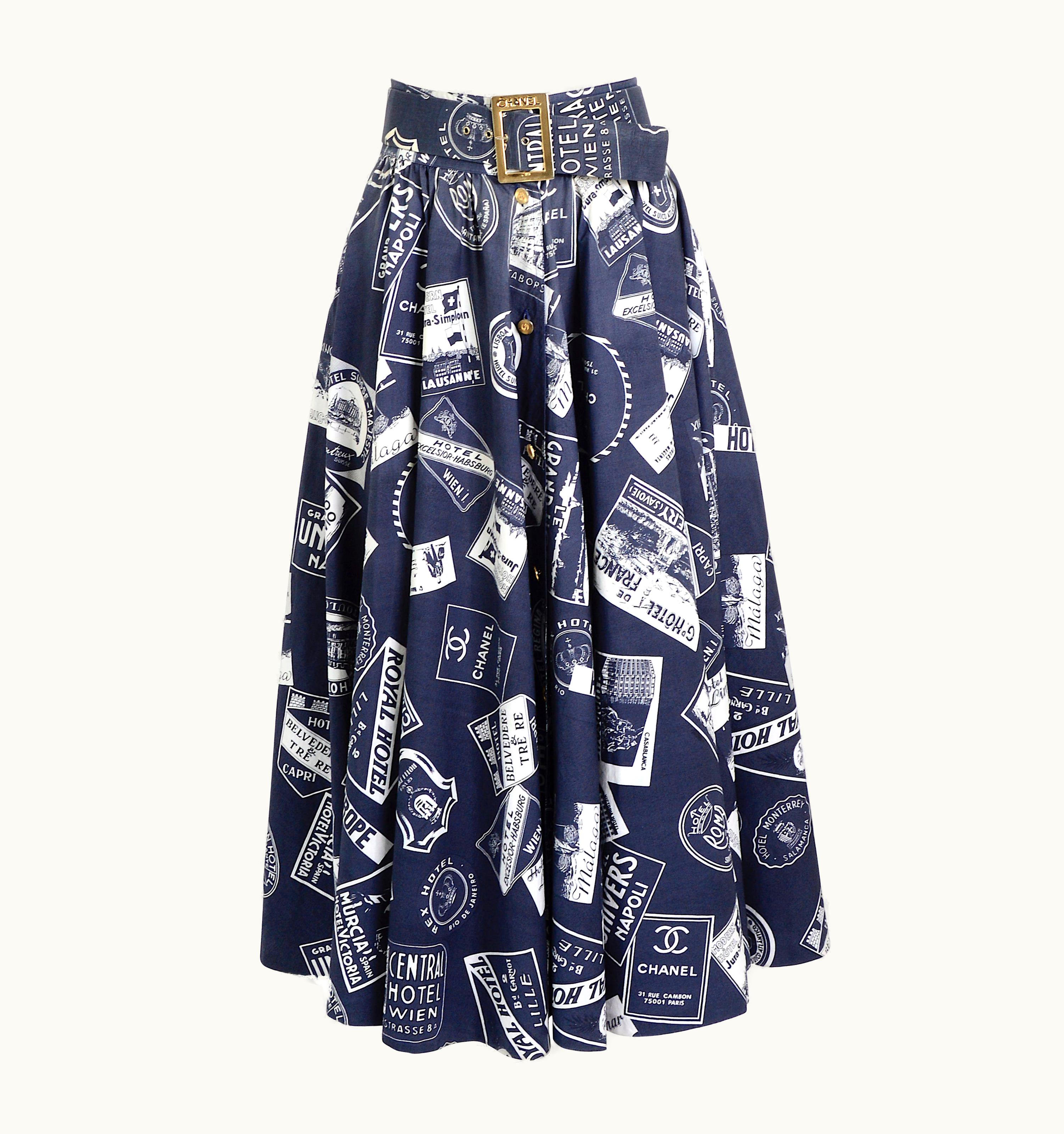 Chanel Chanel S/S 1989 Campaign Runway Grand Hotel Print Full Skirt With Matching Belt