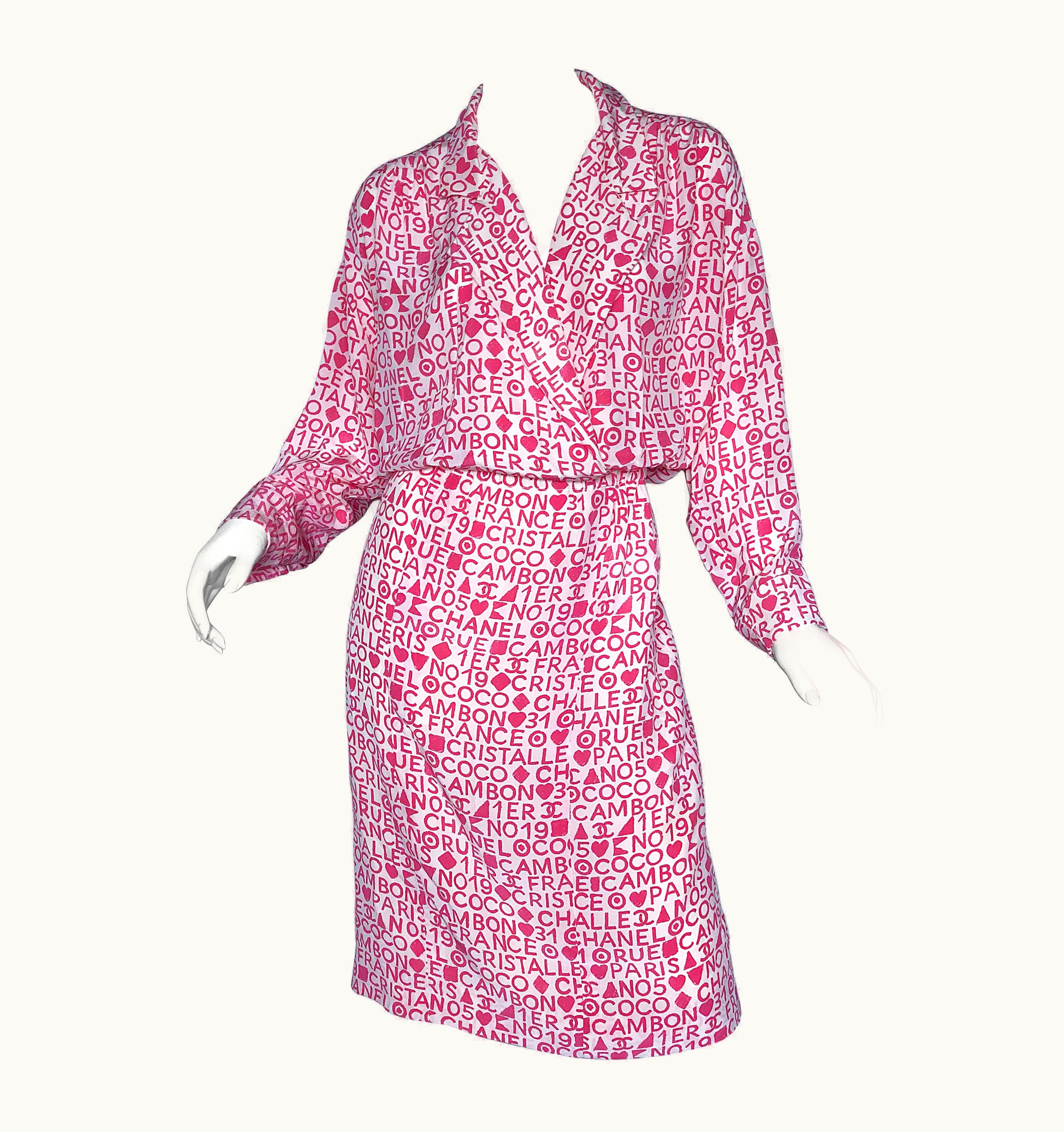 Chanel Vintage Chanel Karl Lagerfeld Large Pink 80s Logo Silk 1980s Shirt Dress
