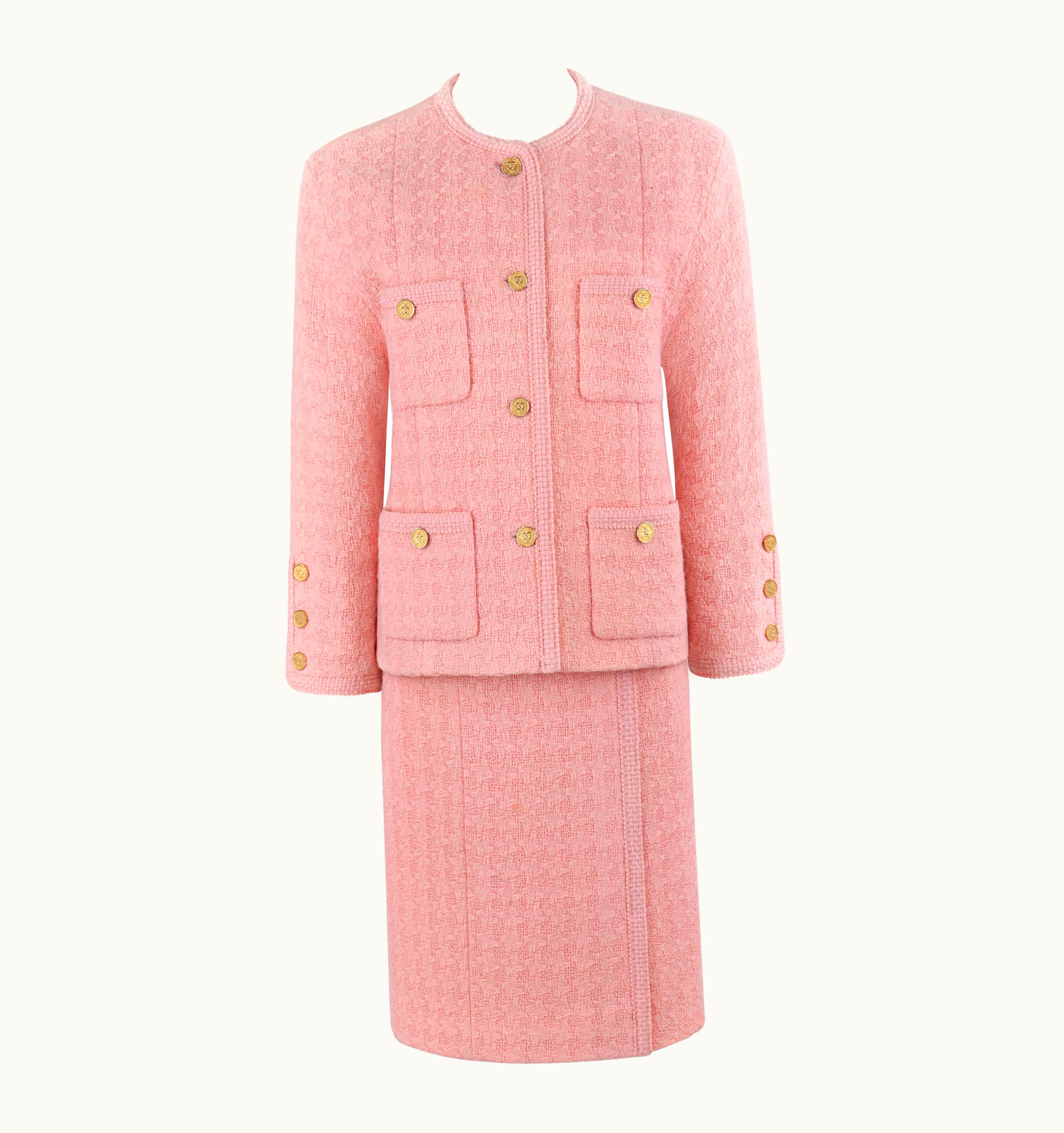 Chanel Chanel C.1980' 2pc Pink Gold Button-Up Tweed Woven Trim Jacket Skirt Suit Set