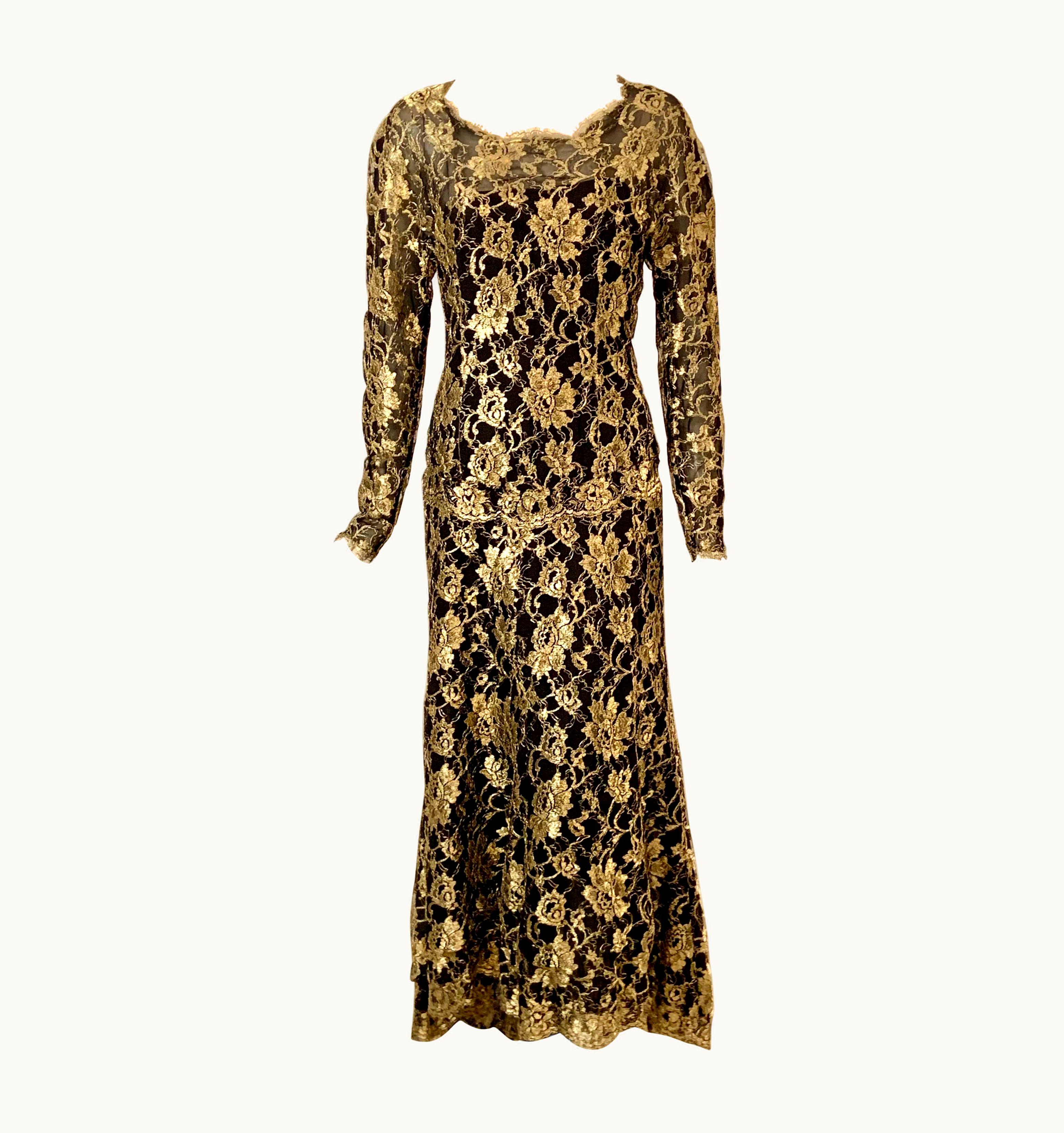 Chanel 1986 Chanel By Karl Lagerfeld Gold And Black Lace Gown With Train Never Worn