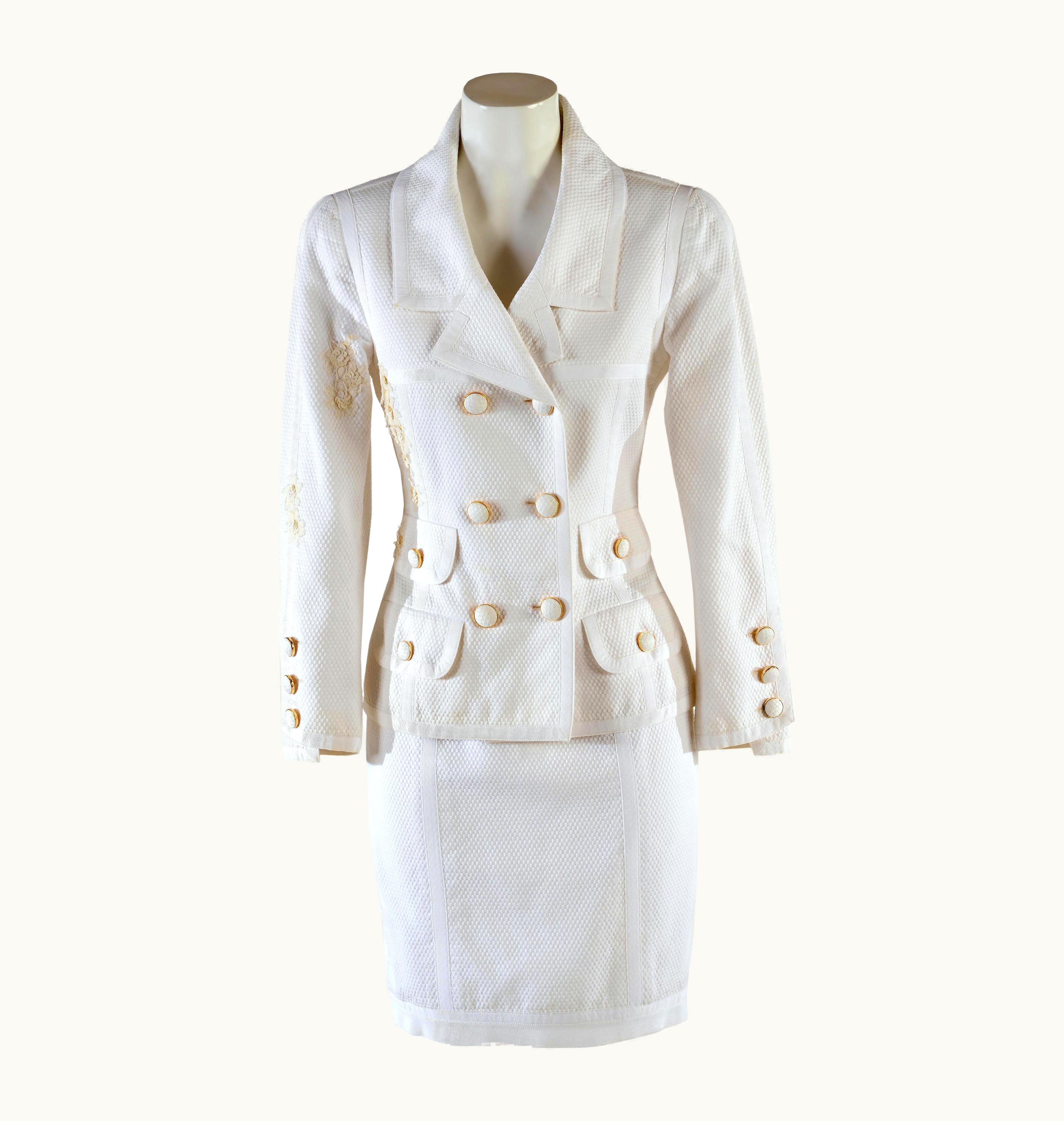 Chanel Chanel Boutique Suit White Cotton Jacket And Skirt Late 80s
