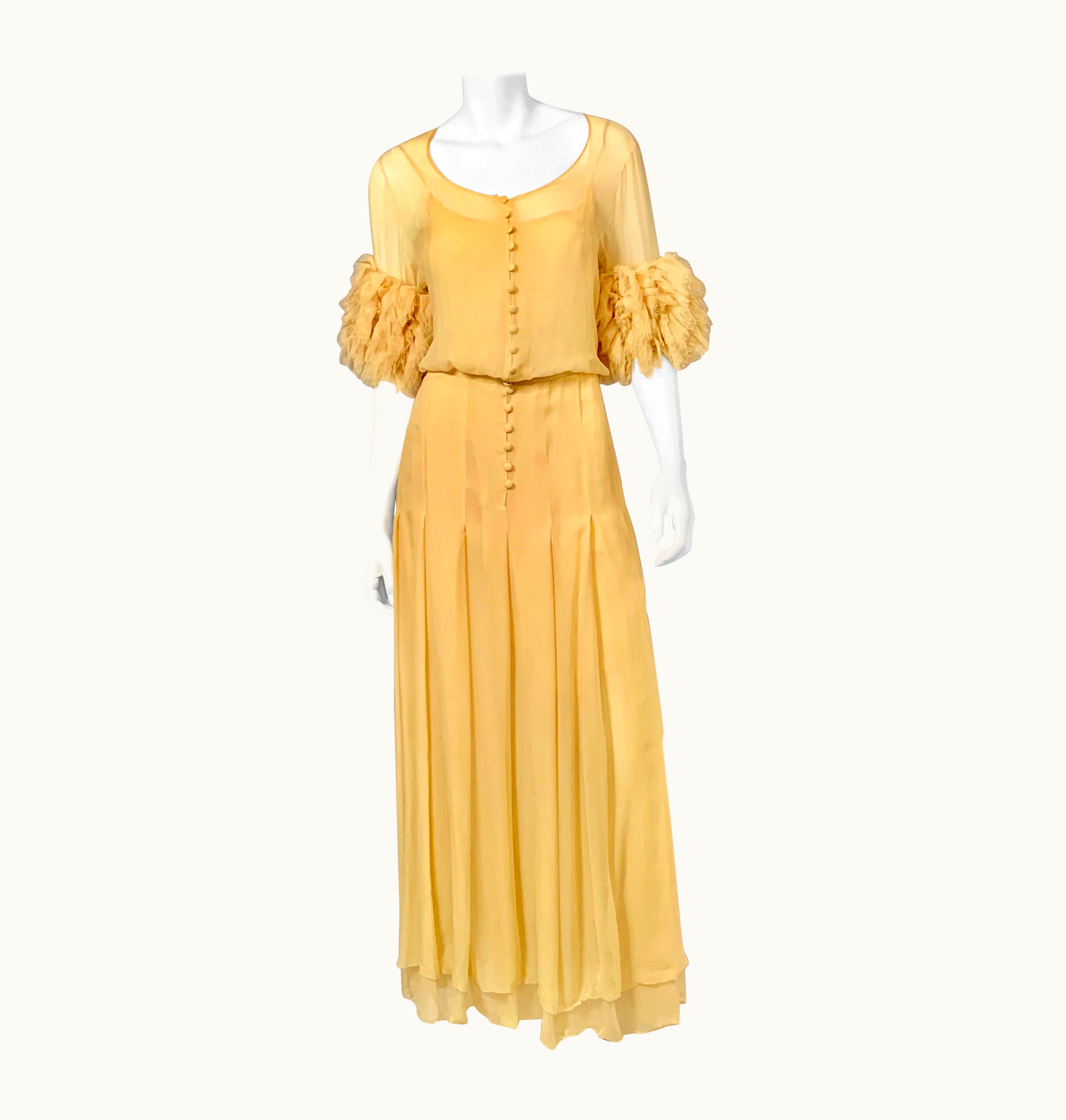 Chanel 1984 Chanel By Karl Lagerfeld Butter Yellow Silk Chiffon Evening Gown Never Worn